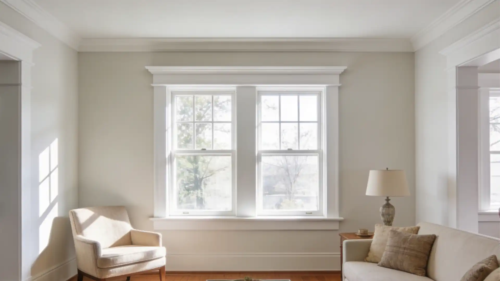 A sunlit living room features a cream armchair, a sofa with patterned pillows, and two white-framed windows looking out onto trees.