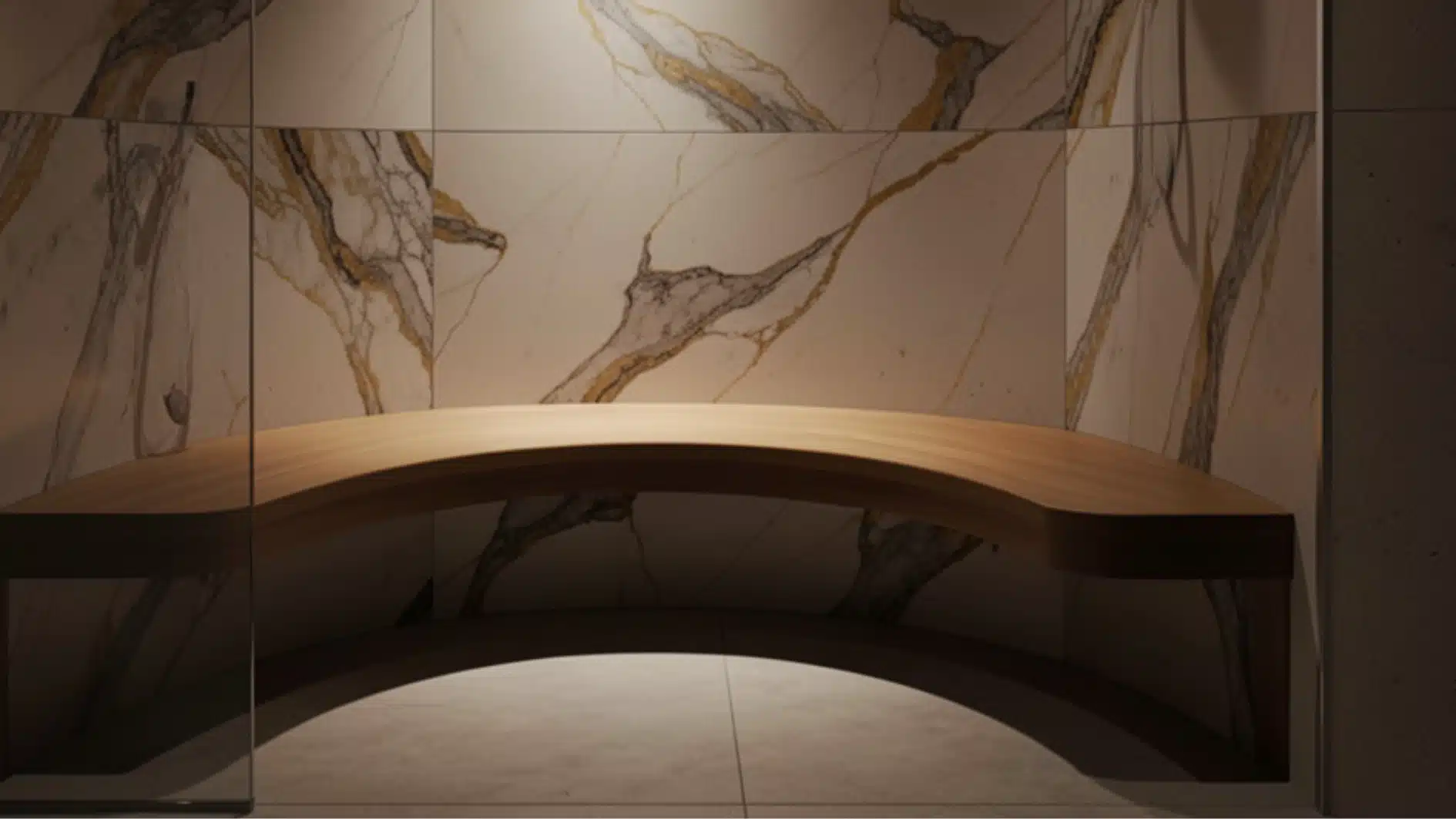 Curved wooden bench set against a backdrop of white marble tiling with gold and dark veining, illuminated by soft spotlighting.