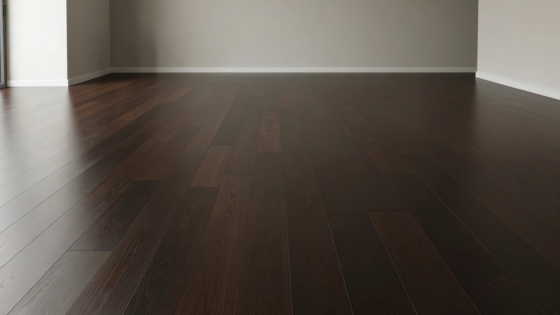 Dark espresso, wide plank hardwood flooring with a glossy finish in an empty room