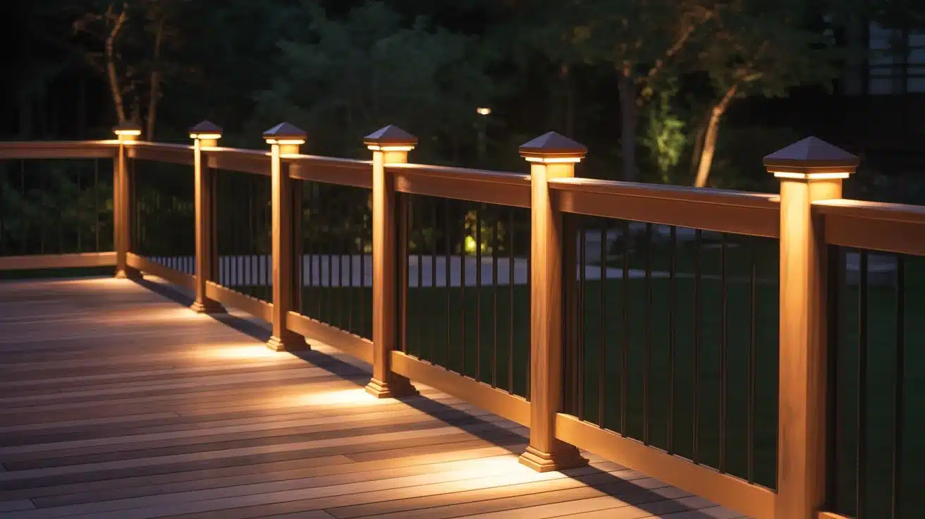 Deck railing posts featuring warm amber cap lights illuminate a wooden deck surface at night beside dark greenery