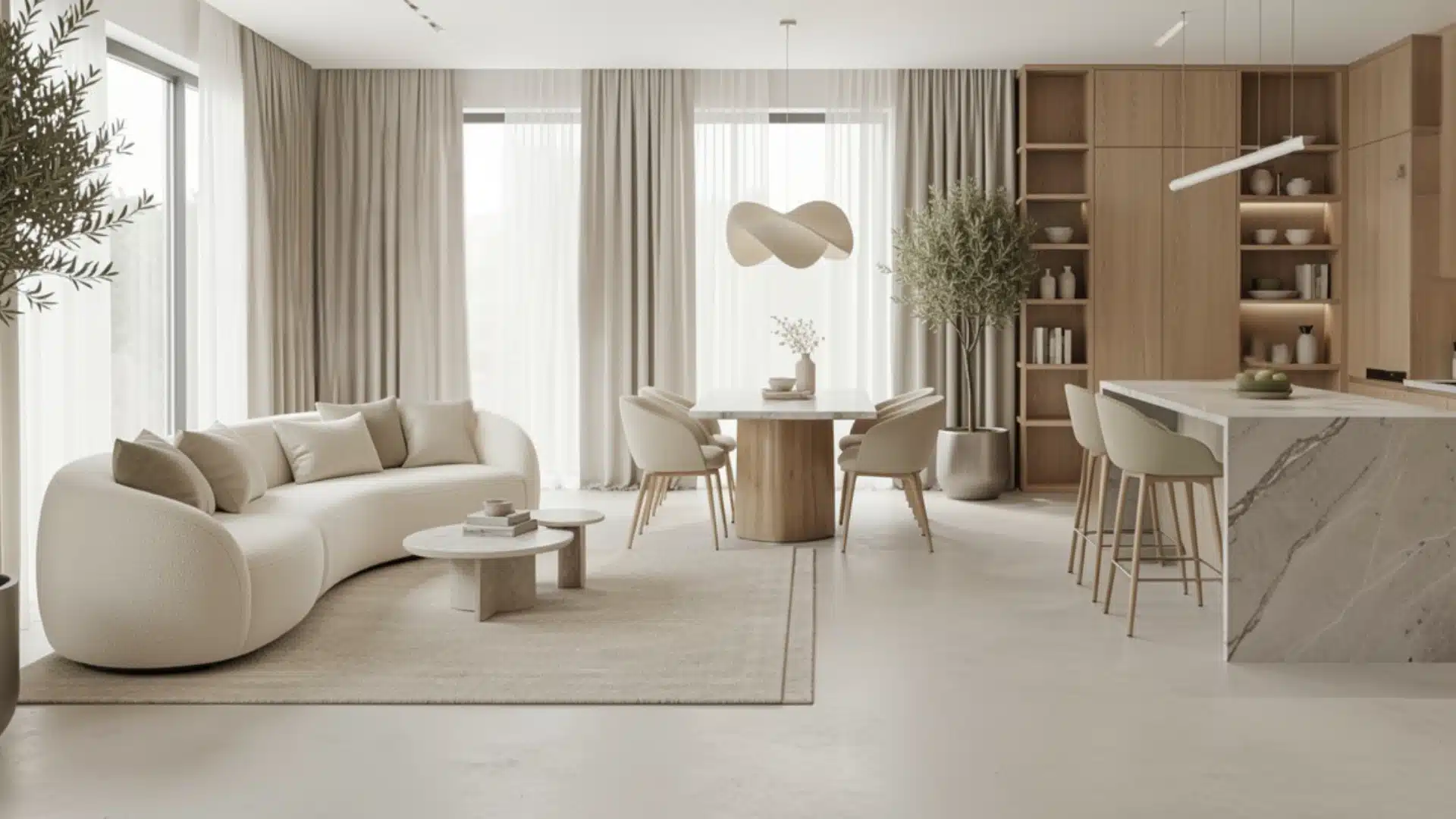 Luxurious open-plan living area featuring a curved cream sofa, a round wooden dining table, and a marble kitchen island with wood cabinetry