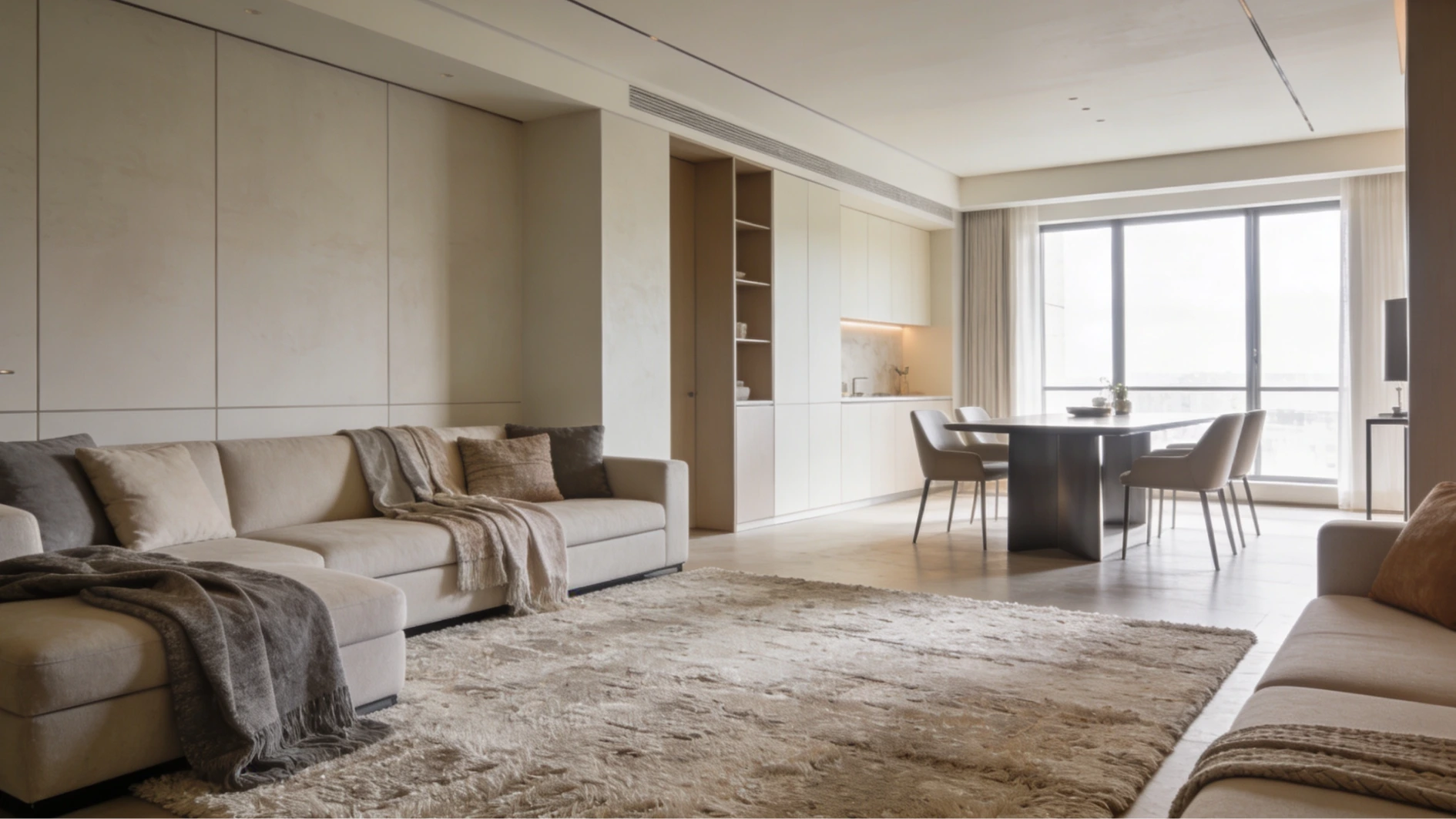 Bright, modern open-plan living area featuring a large beige sectional sofa, a shaggy neutral rug, and a dining space set against a large window.