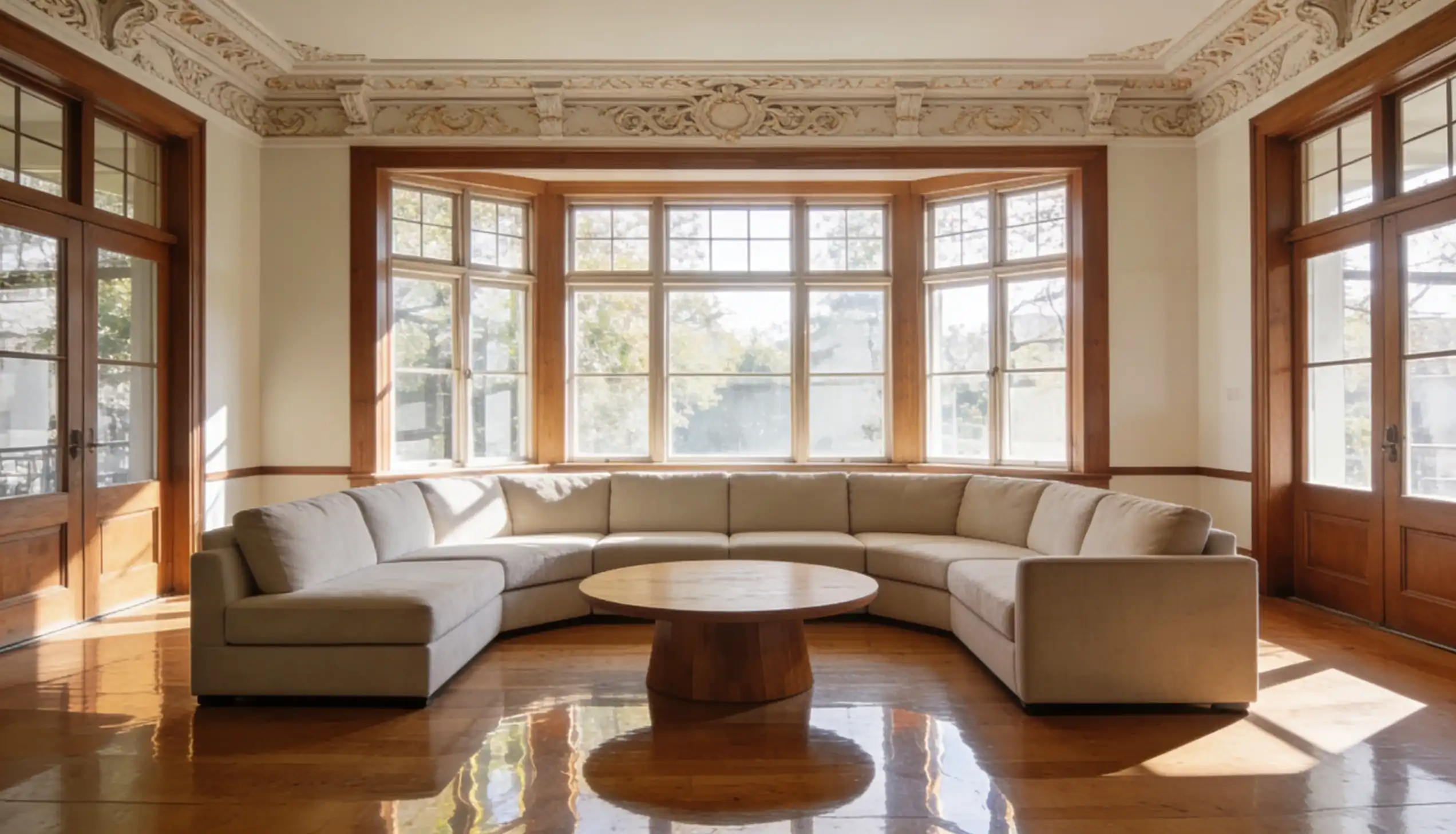 U-shaped sectional sofa surrounds a wooden coffee table in a sunlit living room with bay windows.
