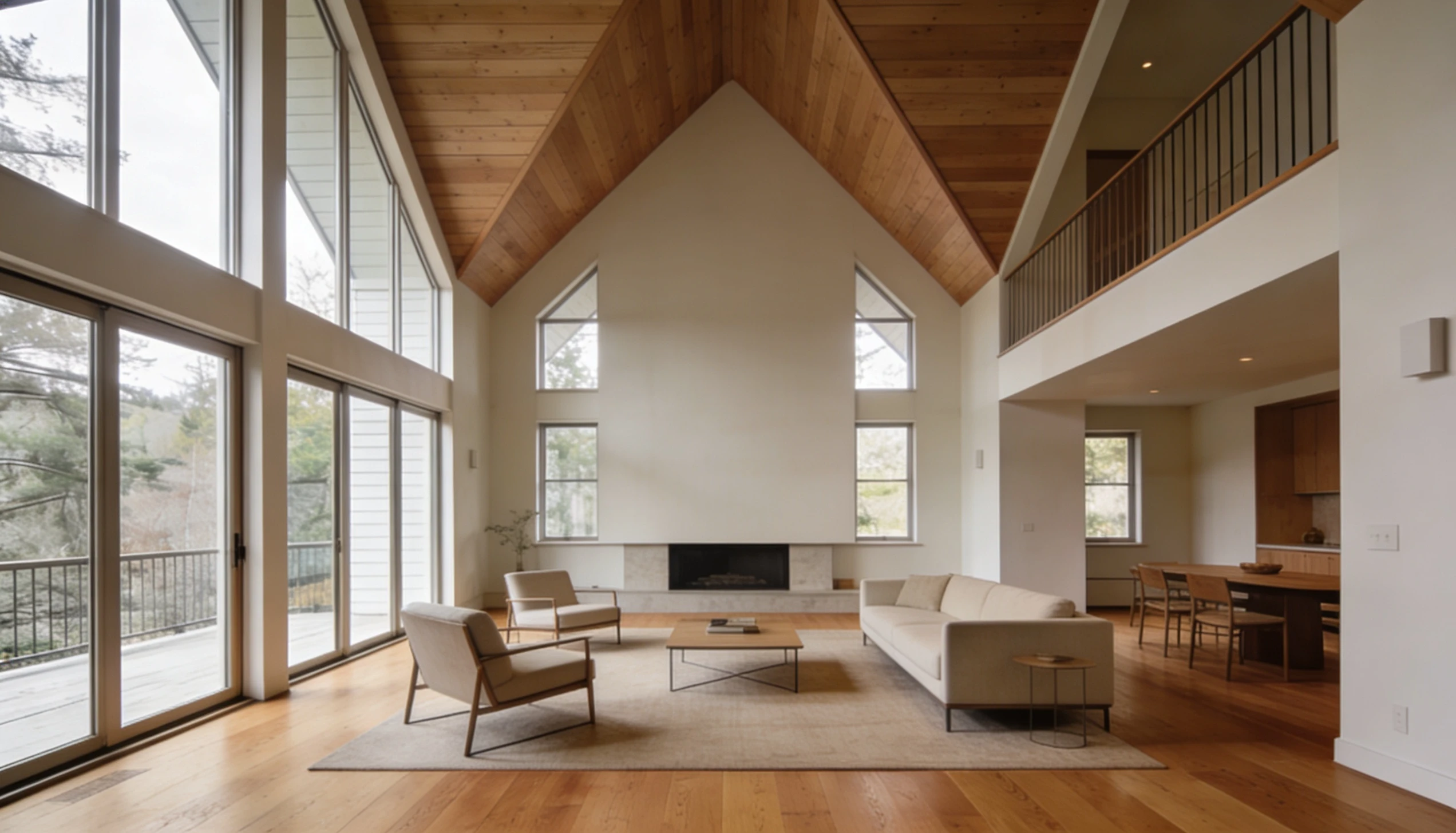 Double-height living room inside a modern saltbox house with vaulted ceilings and large windows.