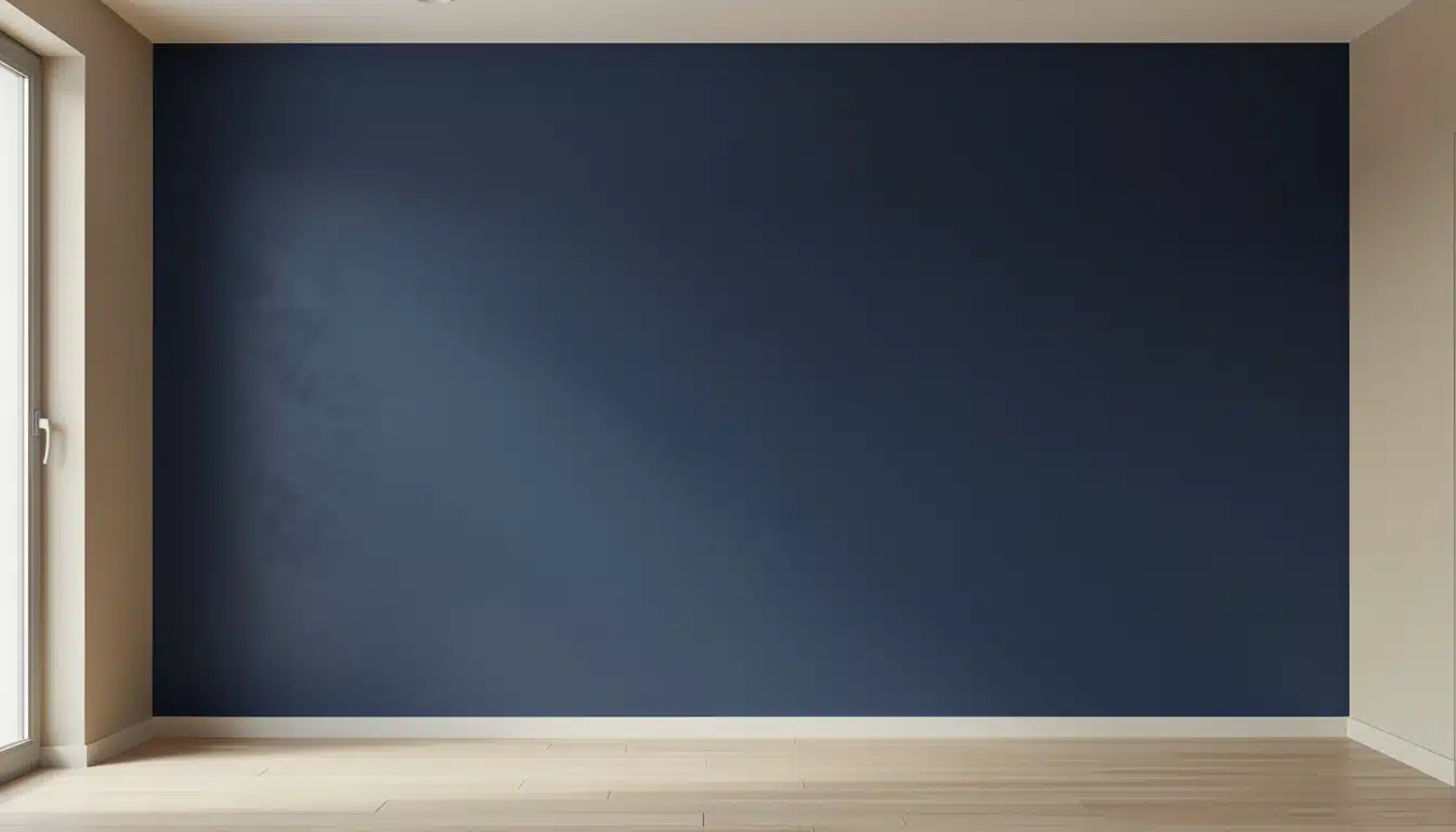 Empty room featuring a large accent wall painted a deep navy blue eggshell paint, wood floors, and beige side walls
