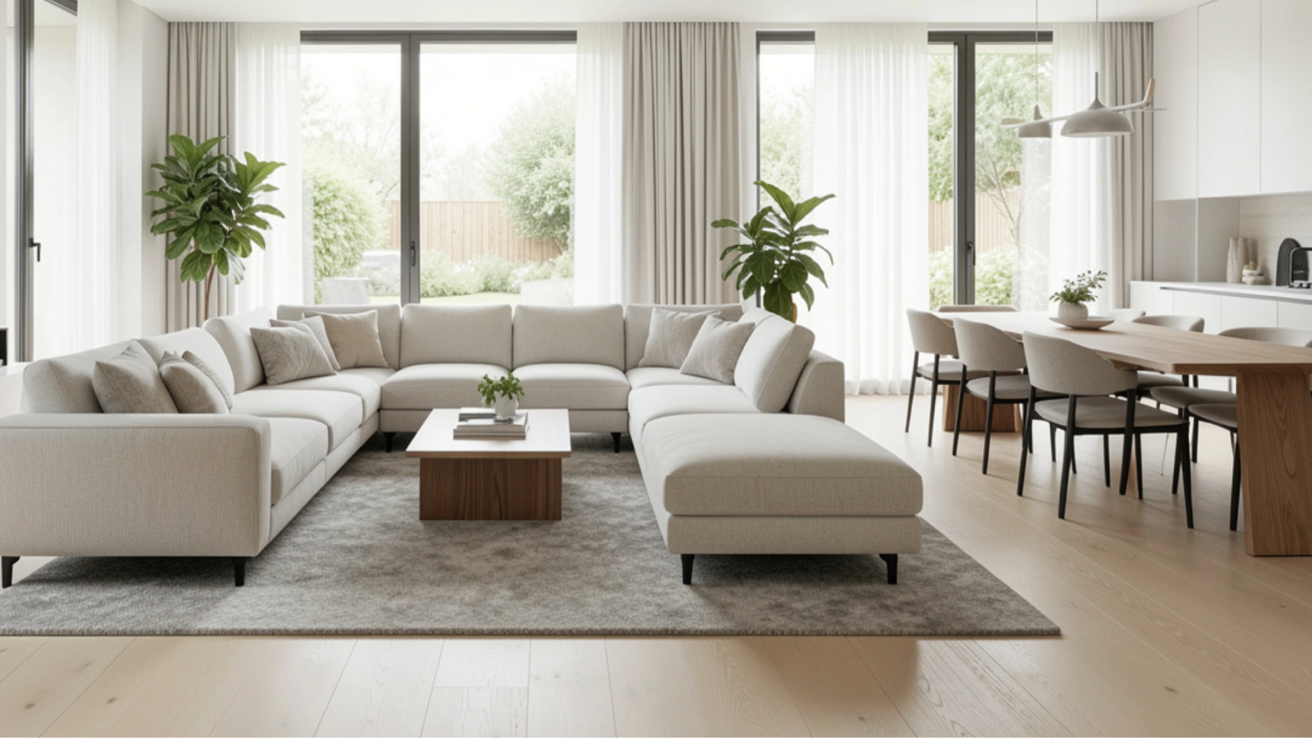 Bright, open-plan living area featuring a large cream sectional sofa, a wooden coffee table, and a light wood dining table with modern chairs, all illuminated by large windows overlooking a green backyard.