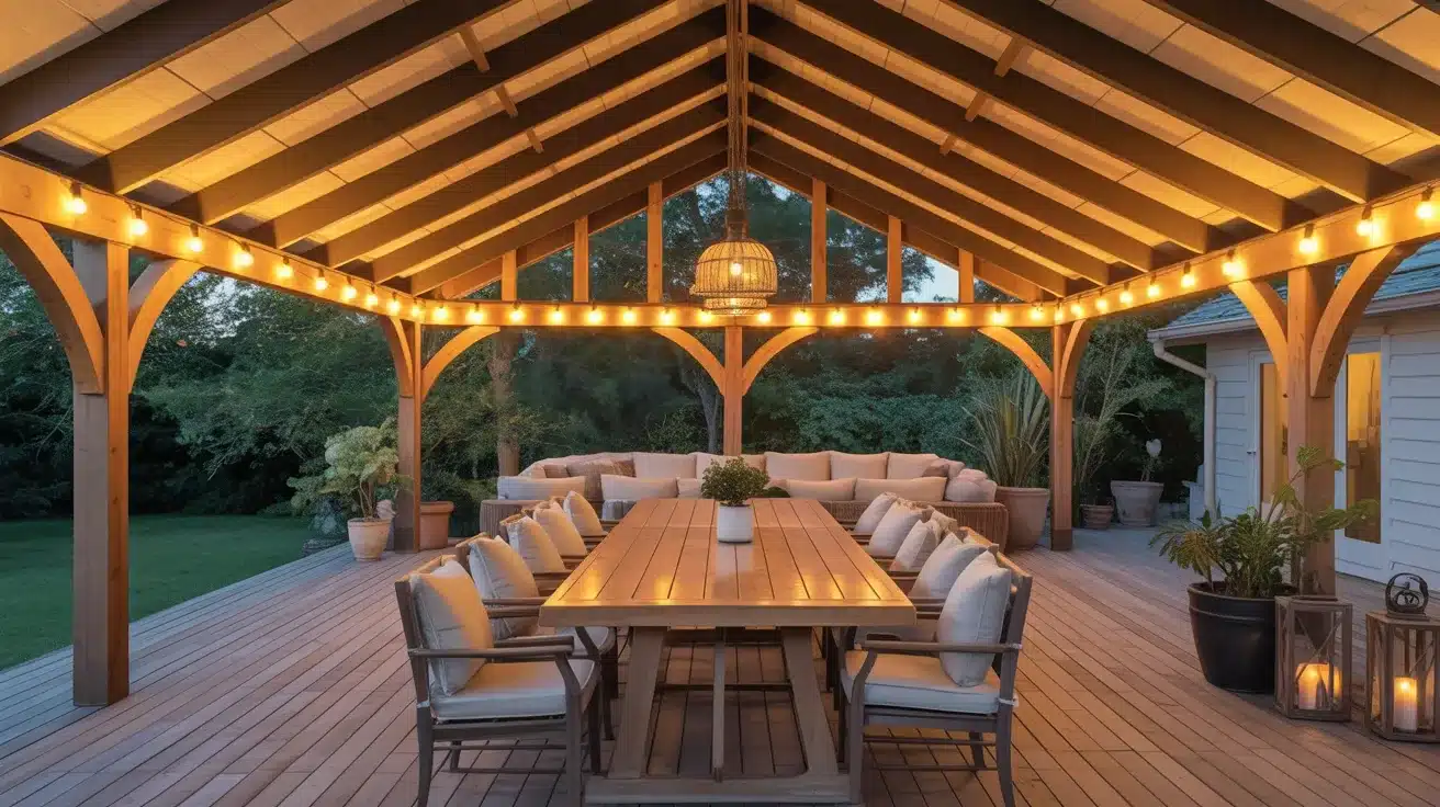 Illuminated wooden outdoor pavilion featuring a large dining table, cushioned seating area, and string lights over a spacious deck at dusk