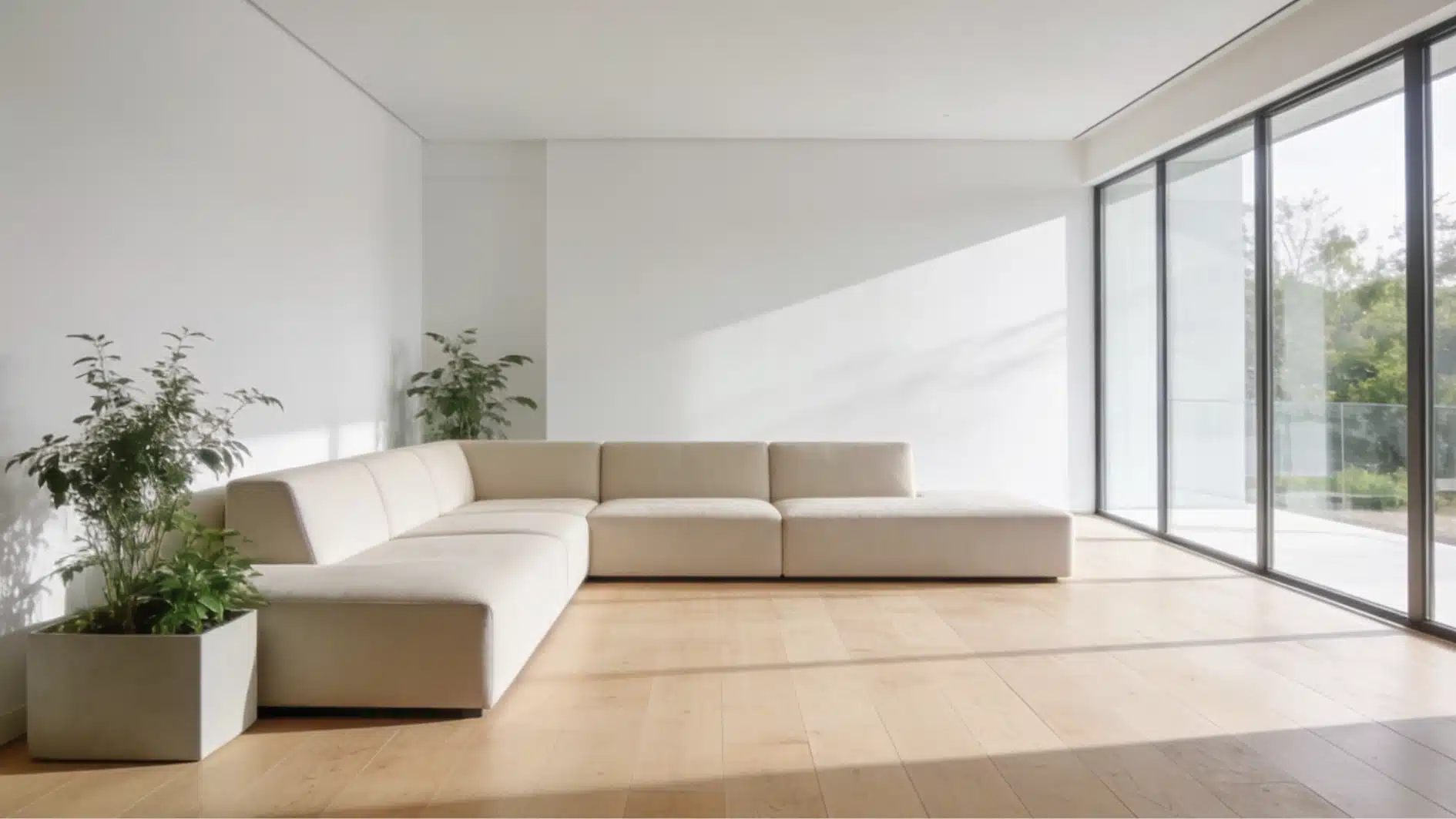 Minimalist modern living room featuring a large, beige sectional sofa, light wood flooring, white walls, and floor-to-ceiling windows overlooking greenery.