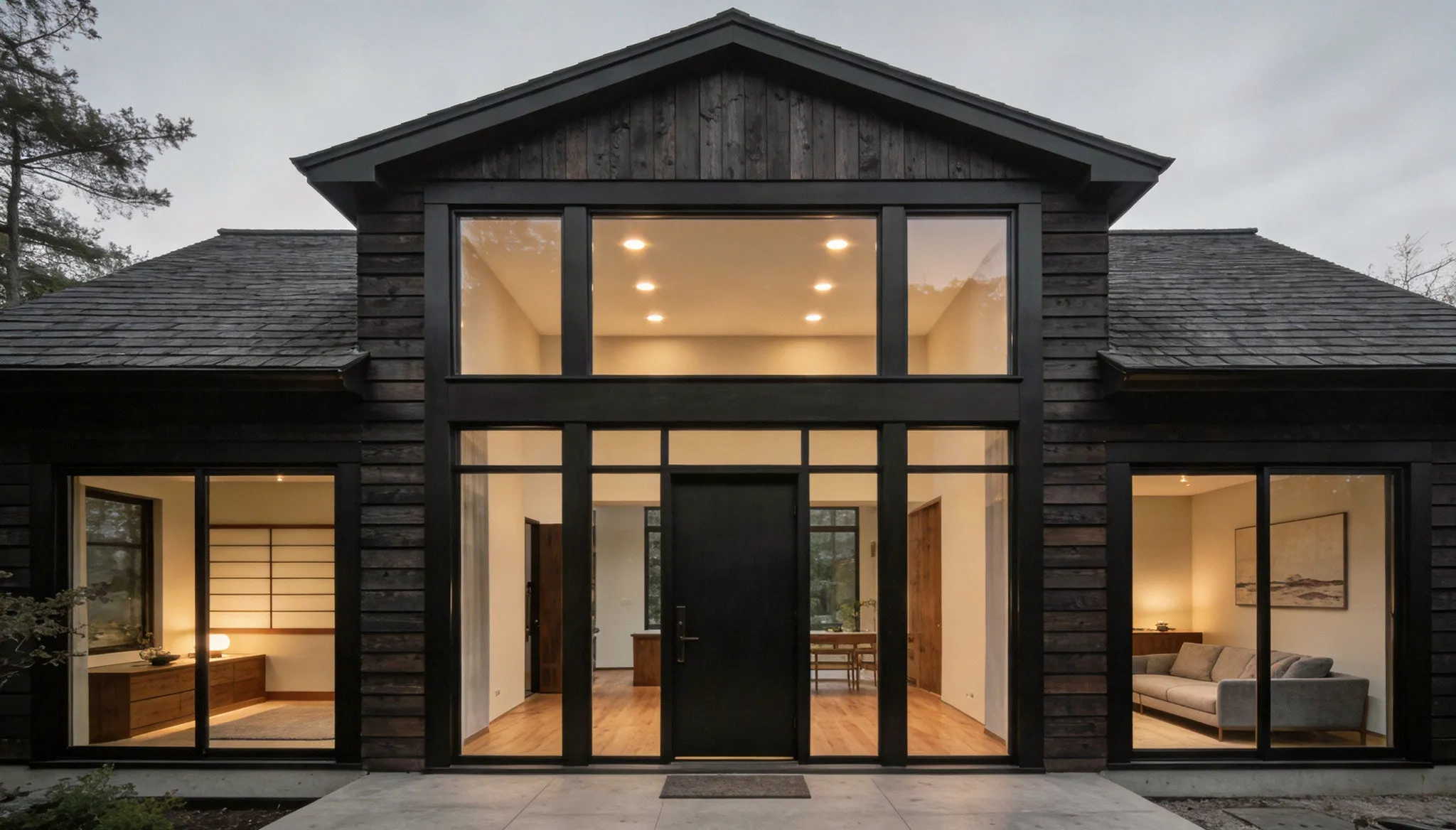 Japandi-style saltbox house featuring dark timber cladding, black accents, and minimalist landscaping.
