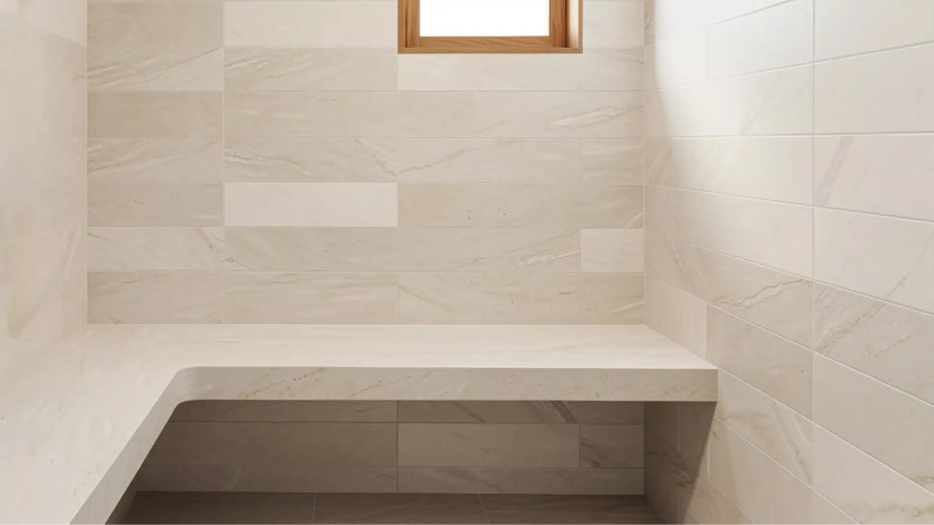 Interior view of a light beige tiled shower or steam room featuring a built-in curved bench and a small wooden-framed window