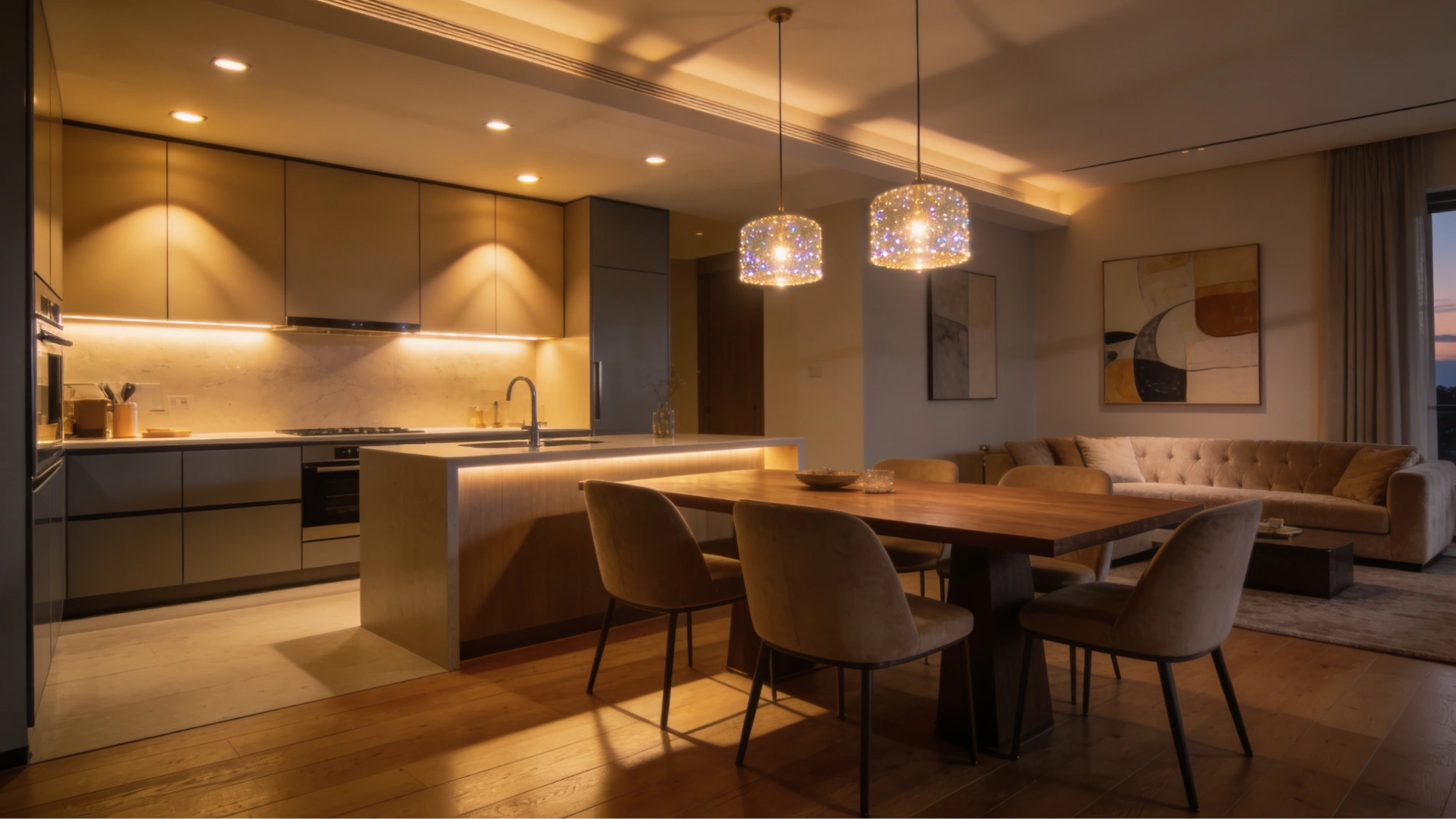 Warmly lit modern open-concept kitchen, dining area with a wooden table, and living space featuring a large sectional sofa at dusk.
