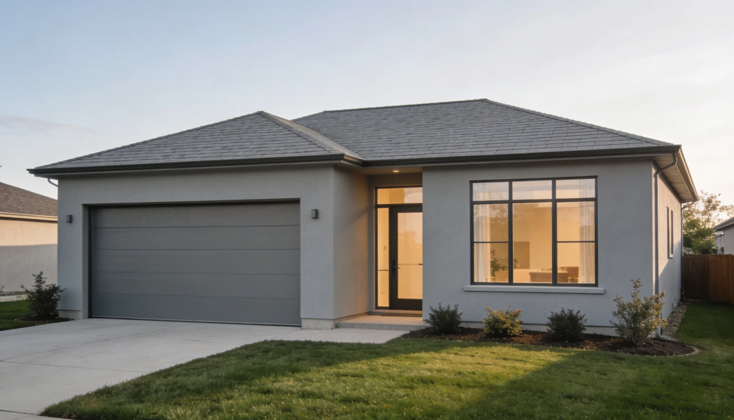 Modern home featuring a low-pitch roof design commonly used on contemporary houses and garages.