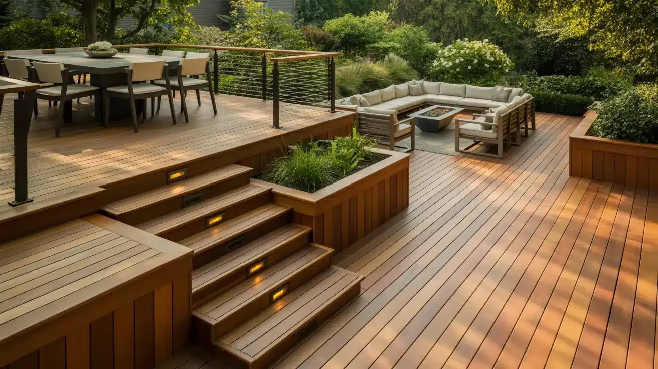 Luxurious multi-level wooden deck featuring built-in stairs with accent lighting, an outdoor dining area, and a sunken lounge area with a fire pit surrounded by lush greenery