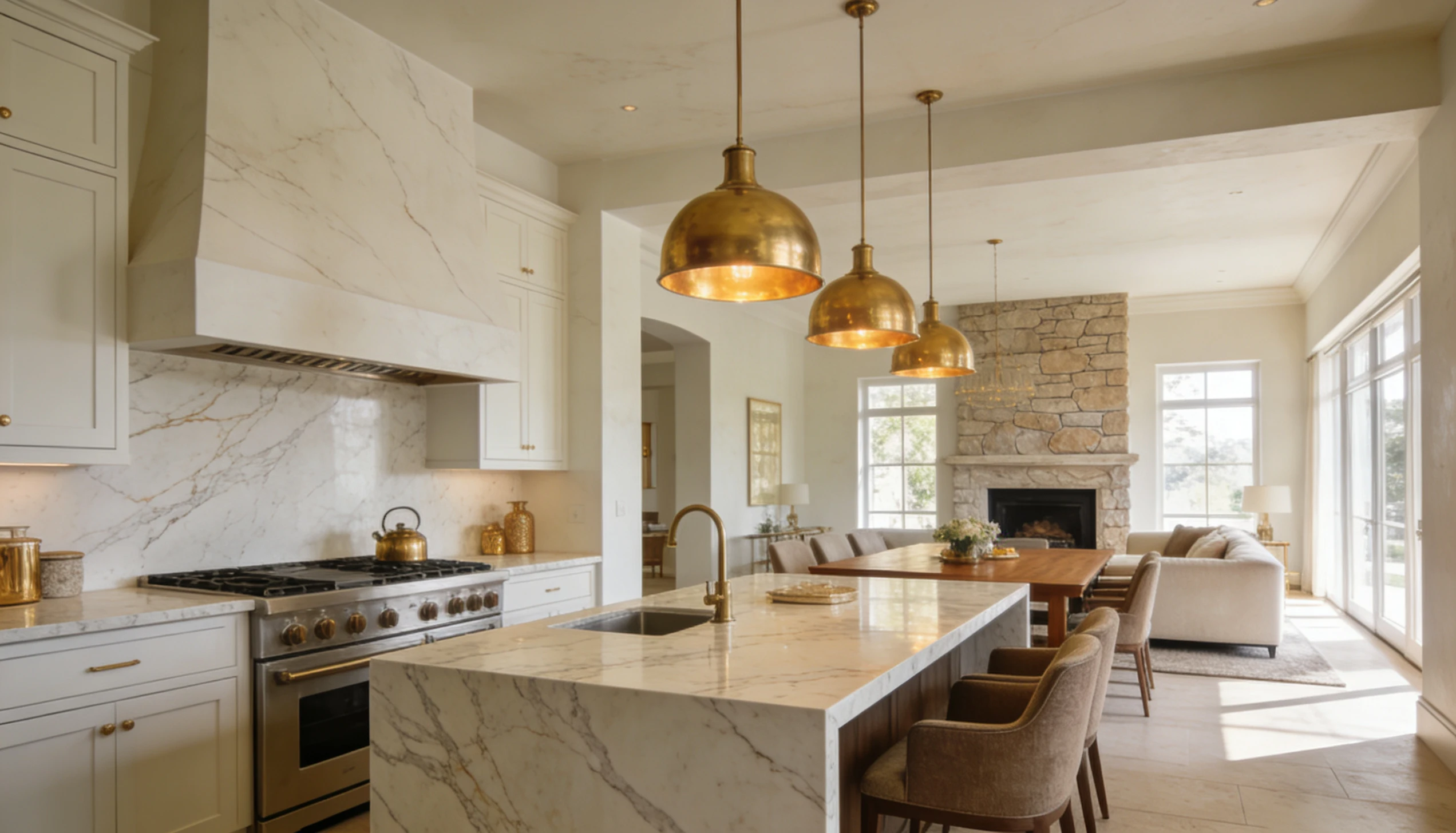Luxurious open-concept kitchen featuring white marble countertops and backsplash, brass pendant lights, stainless steel range, and a connected living area with a stone fireplace.