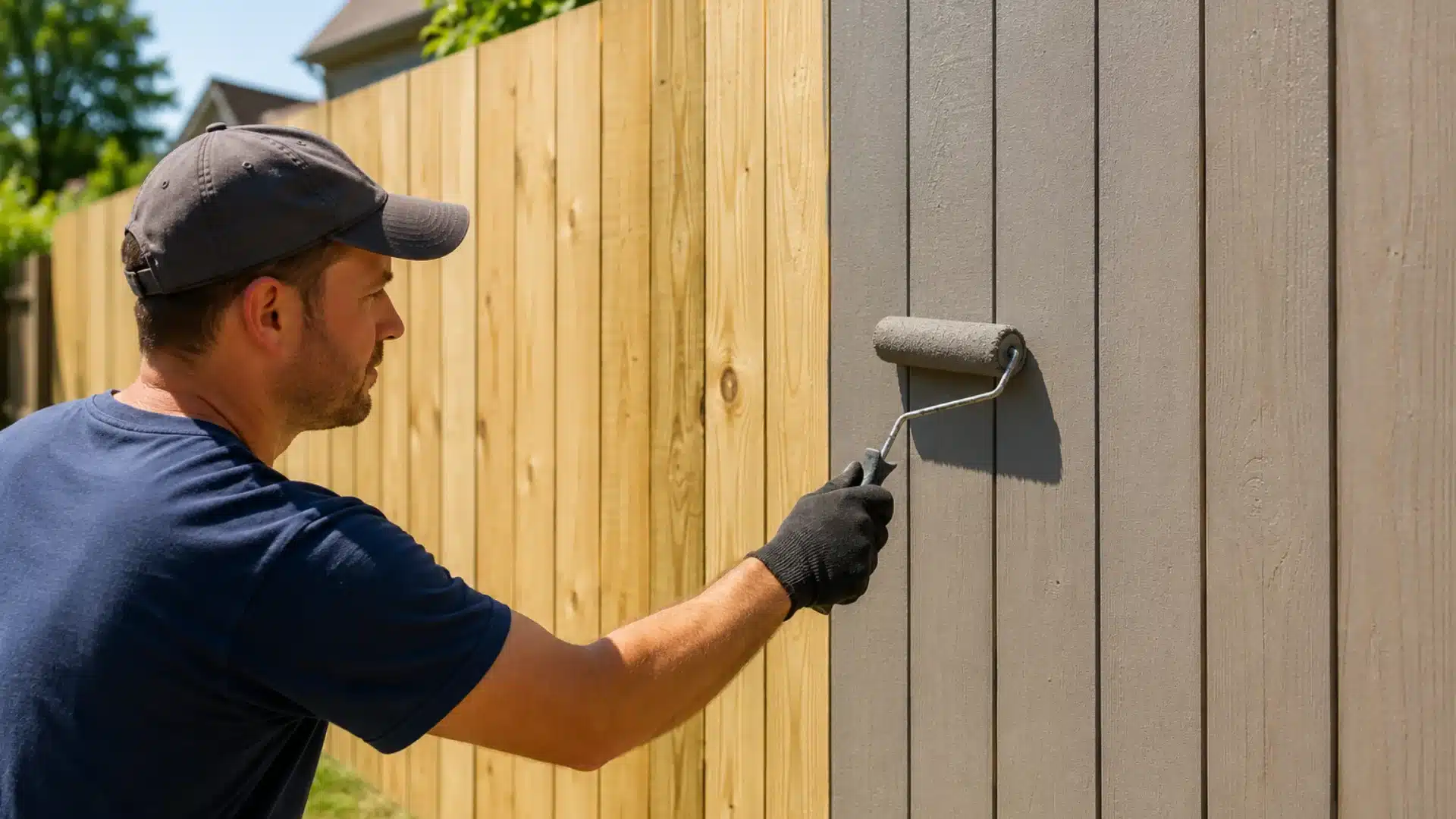 A man applying paint to a fence with a roller, surrounded by greenery