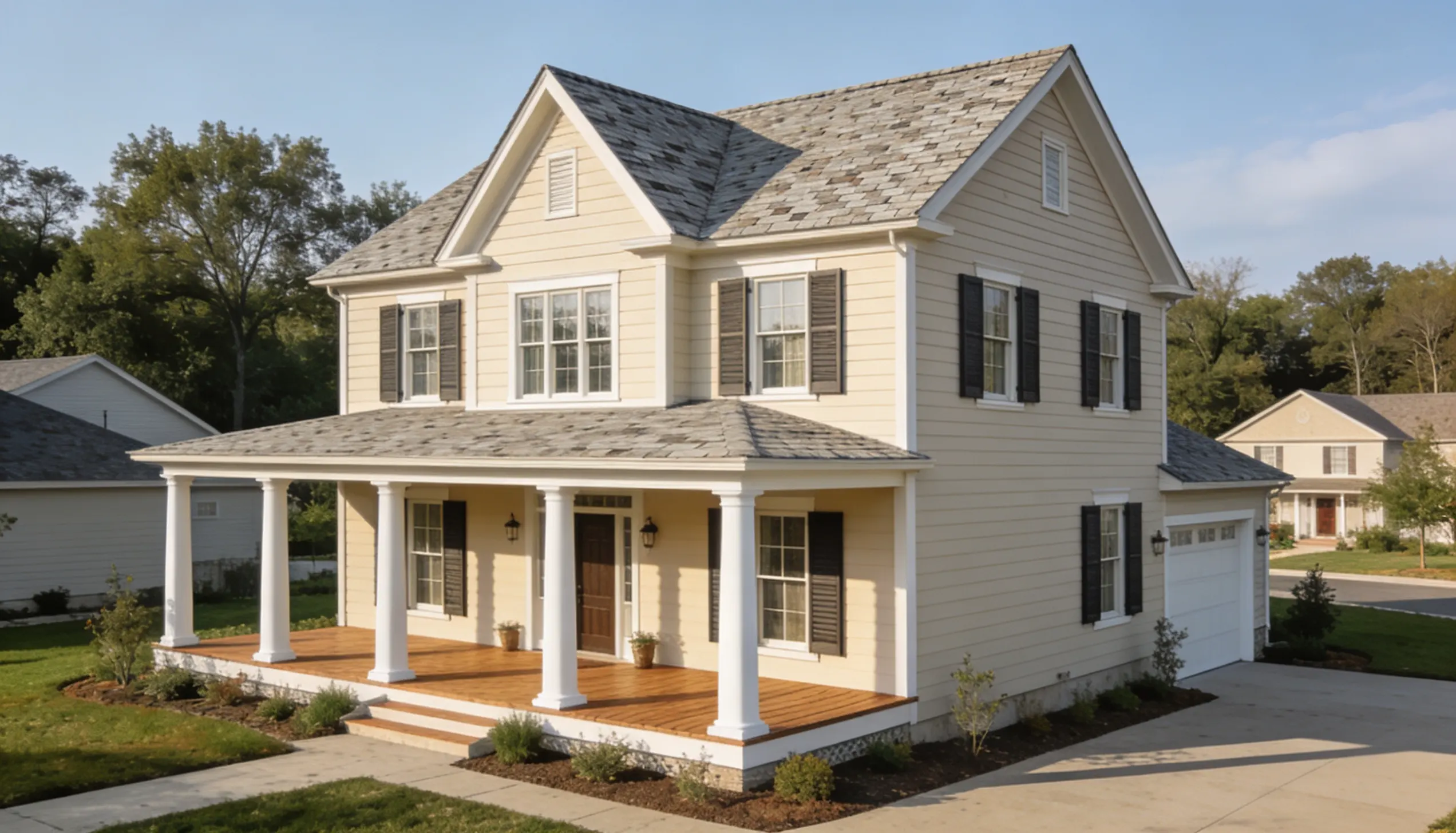 Residential home with a standard medium-pitch roof commonly used in modern home construction.