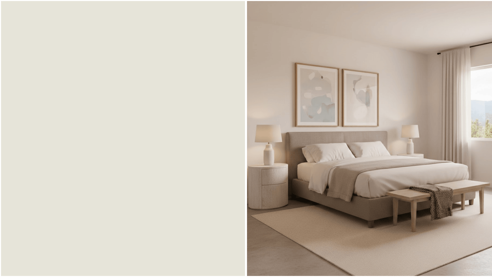 Minimalist bedroom featuring a grey upholstered bed, neutral bedding, twin framed abstract art above the headboard, and a light wood bench at the foot