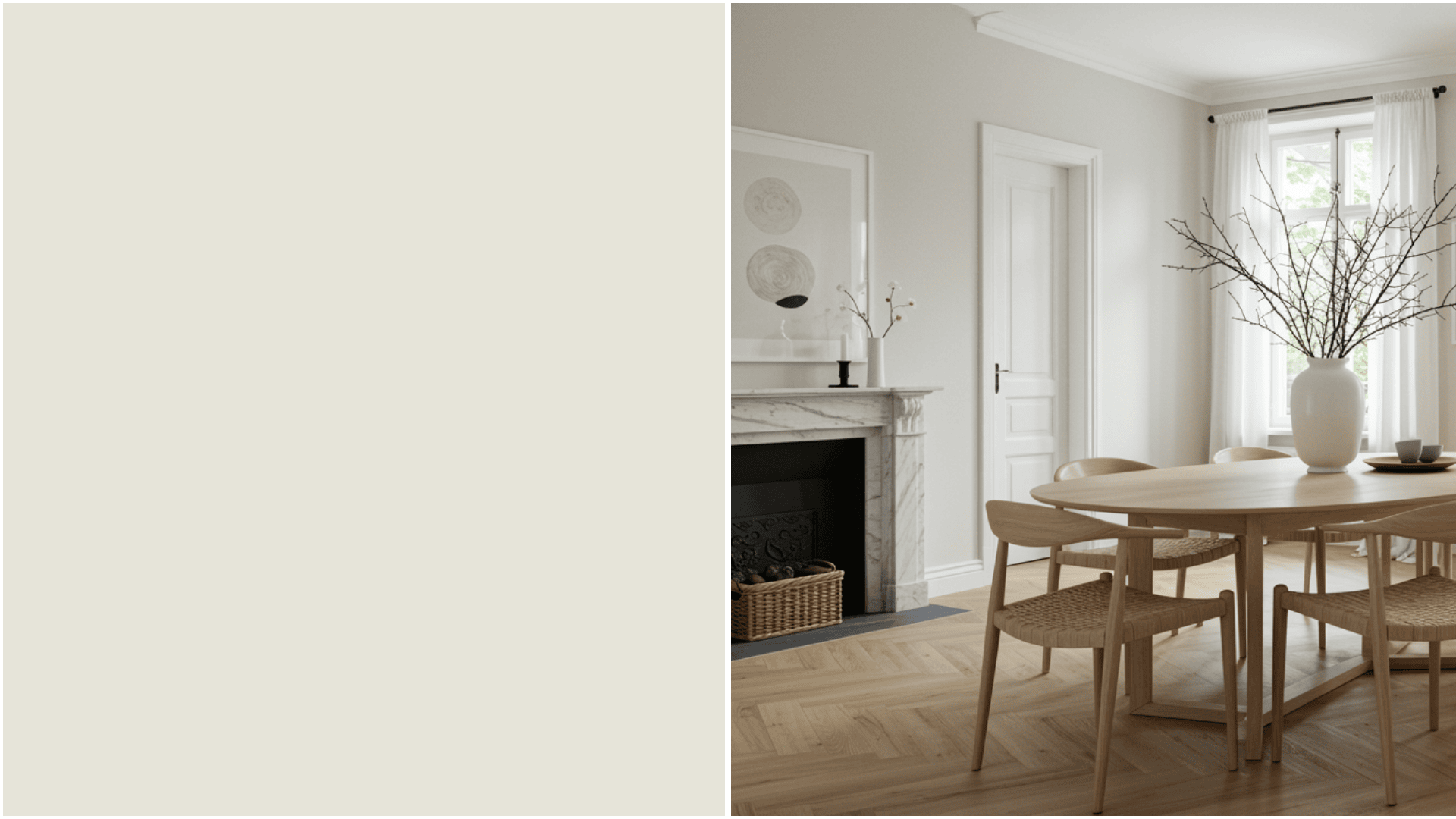 Minimalist dining room featuring light wood furniture, a marble fireplace, and a large vase of bare branches next to a solid light beige color swatch
