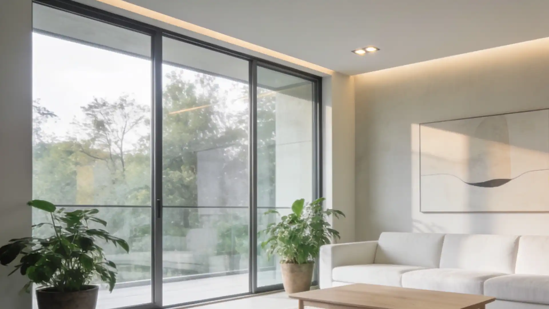 Modern living room with floor-to-ceiling windows overlooking trees, white sofa, coffee table, and potted plants.