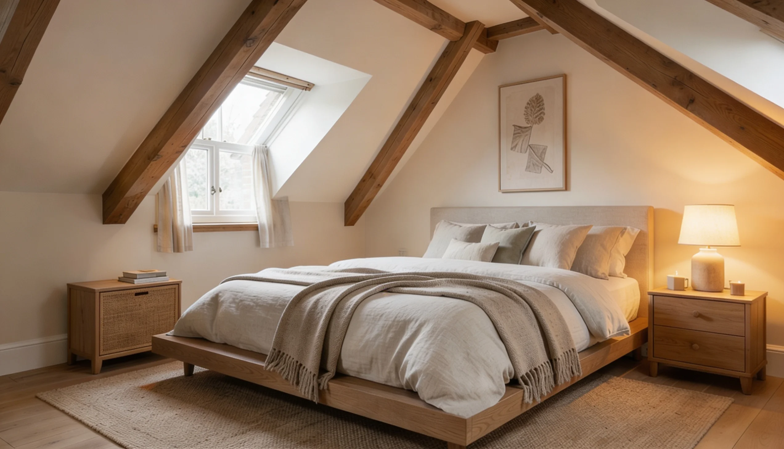 Modern saltbox bedroom with a sloped ceiling, minimalist furnishings, and natural wood accents.