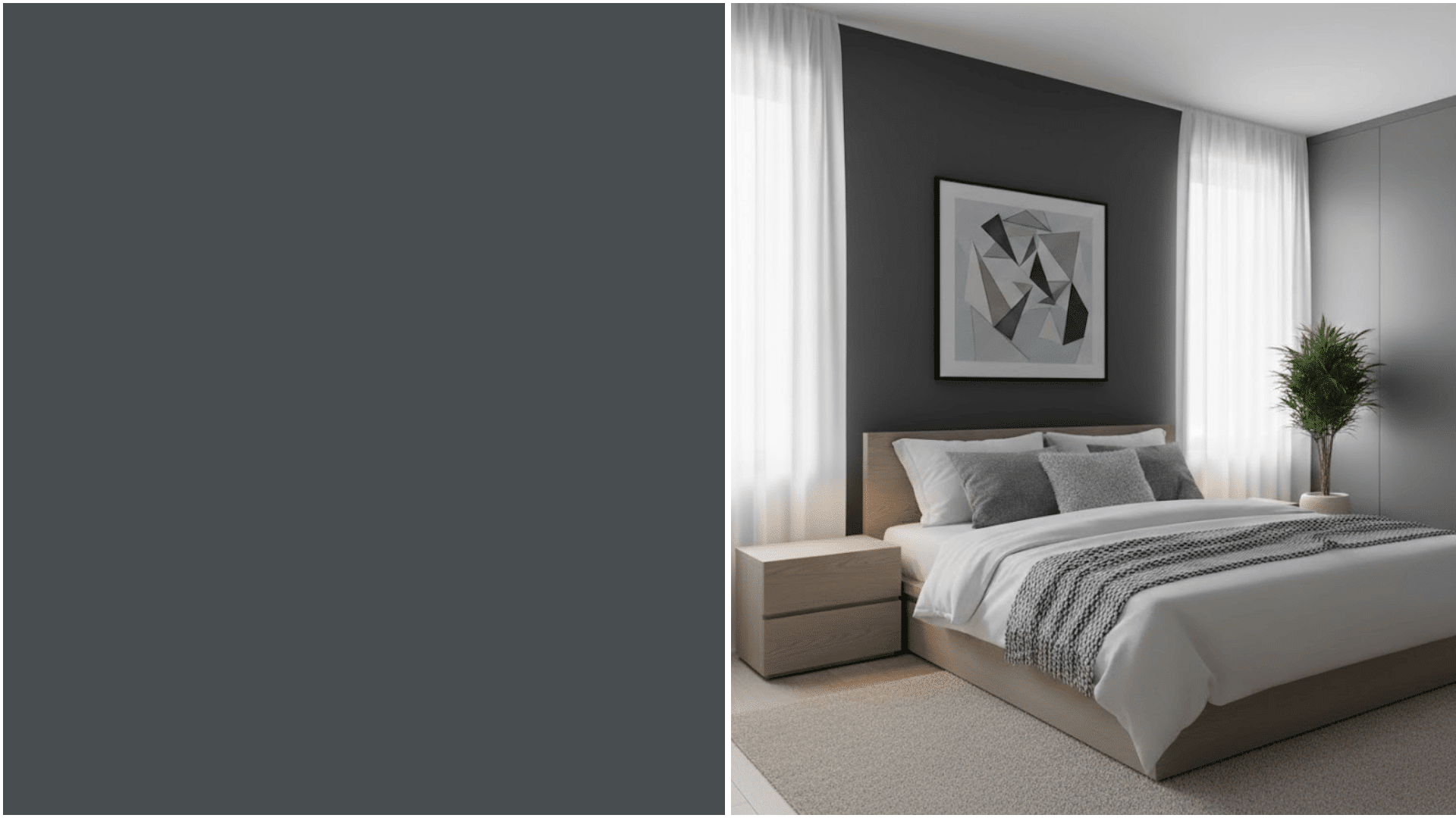 Modern bedroom featuring a light wood bed with white and gray linens against a dark gray accent wall, paired with a solid dark gray color swatch on the left (1)