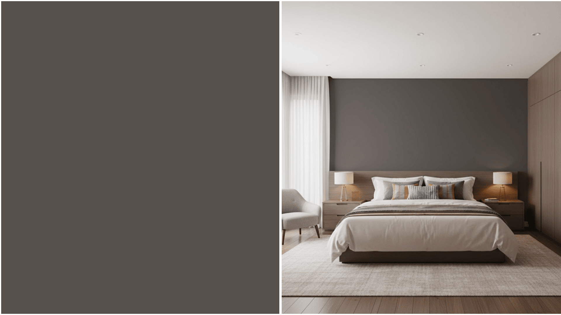 Modern bedroom interior featuring a dark gray accent wall, light wood tones, neutral bedding, and a solid dark gray color sample on the left