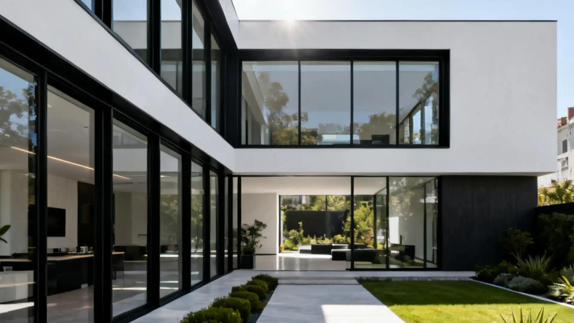 Modern white building with extensive glass windows and a manicured garden.