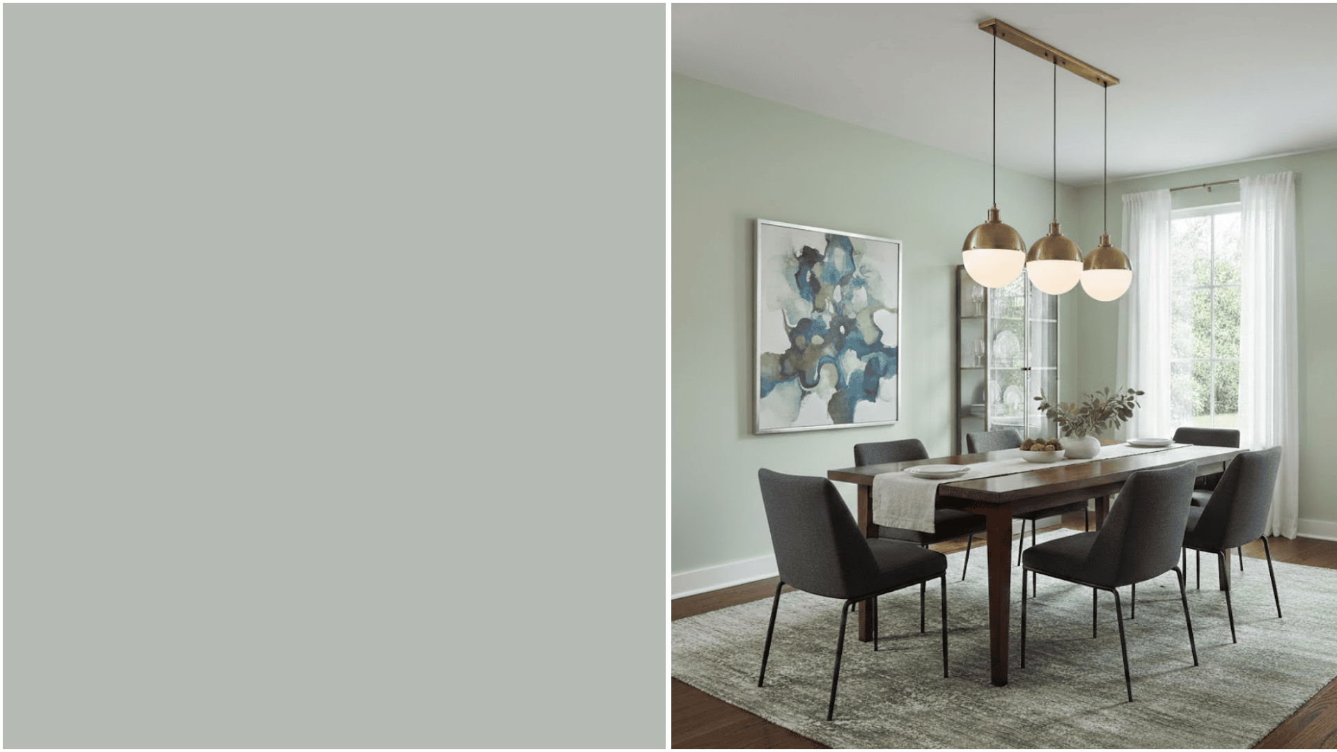 Modern dining room featuring a dark wood table, grey upholstered chairs, light green walls, and a brass three-bulb pendant light