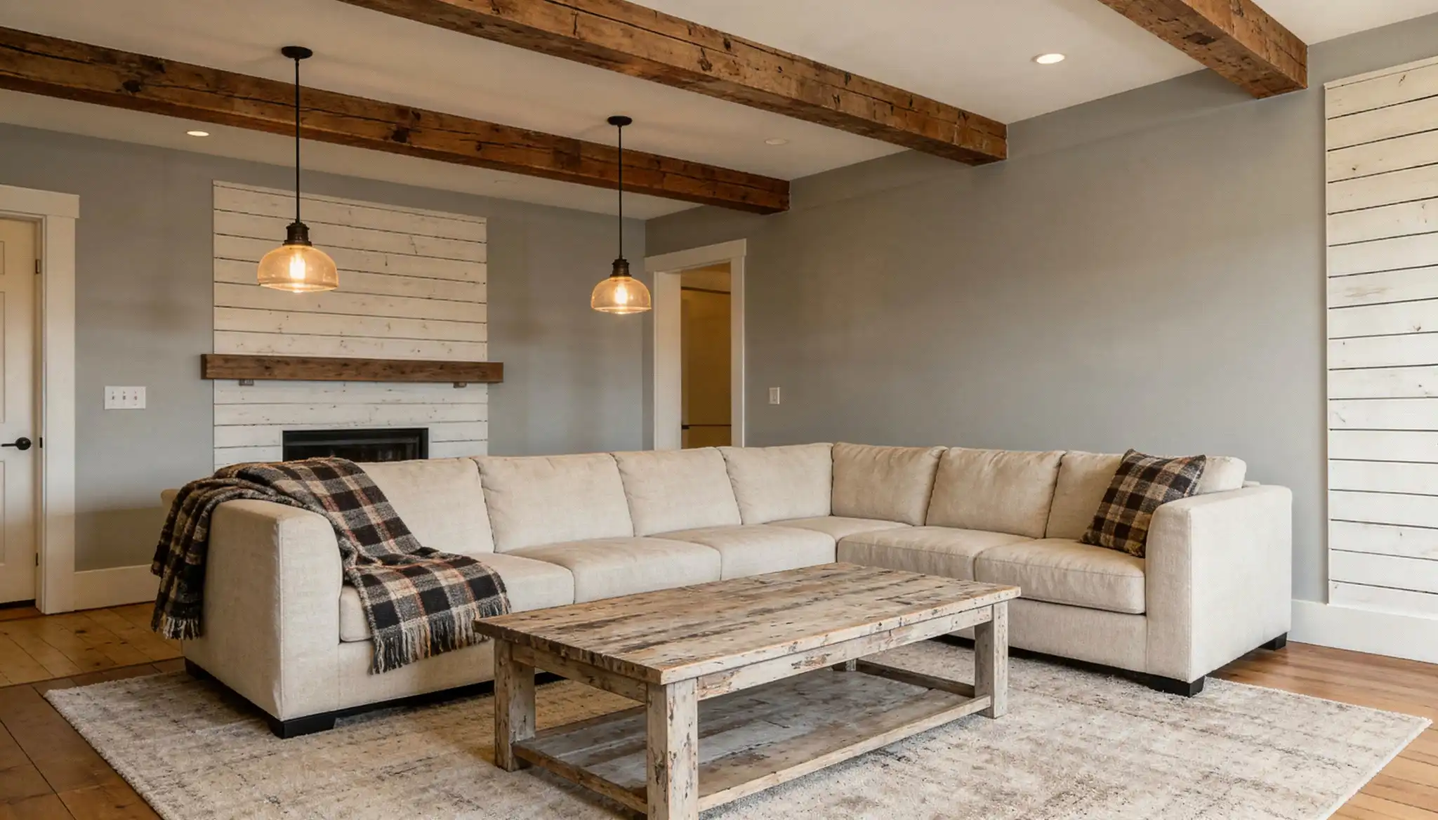 Rustic living room featuring a large beige sectional sofa, a distressed wood coffee table, exposed wooden ceiling beams, and a shiplap fireplace accent wall.
