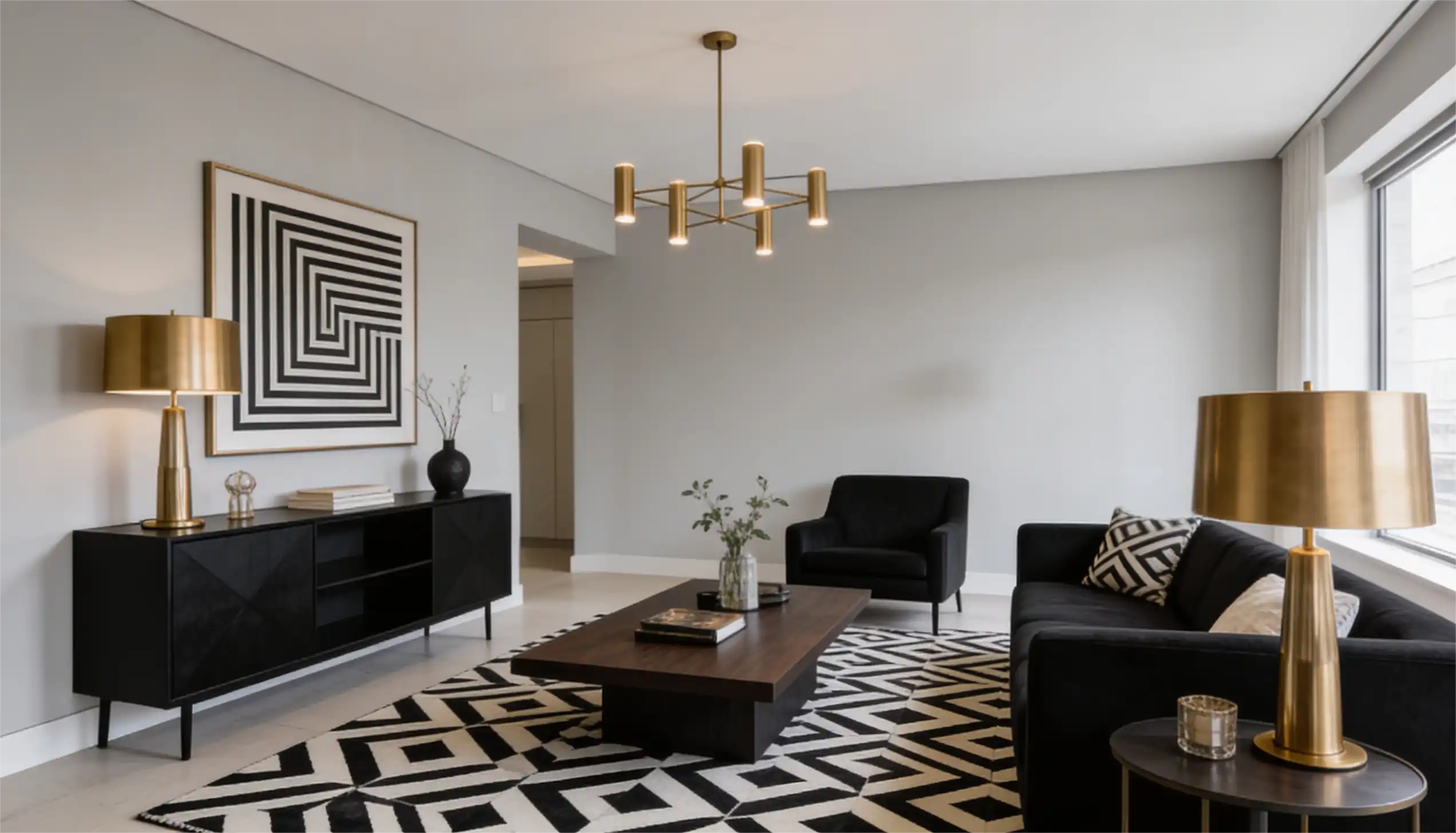 A modern living room featuring black furniture, a black and white geometric rug, brass accents, and light gray walls.