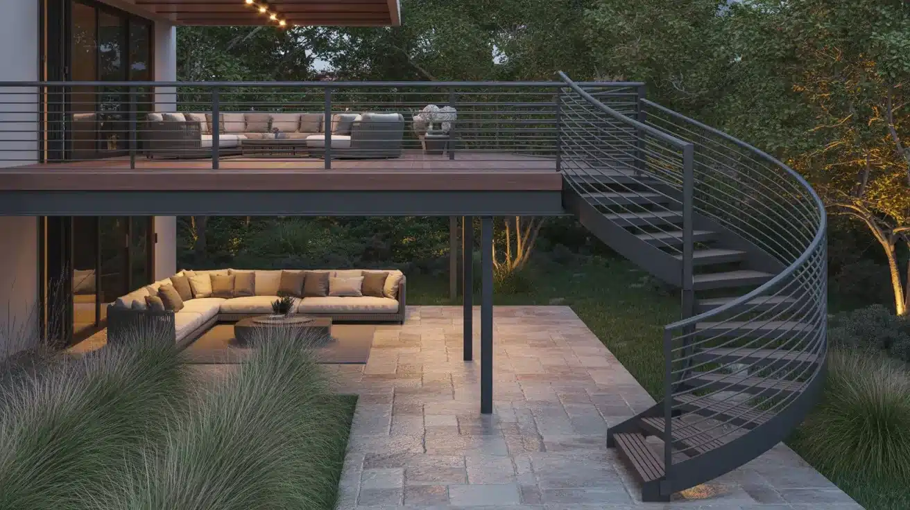 Modern home featuring a sleek spiral staircase and an inviting outdoor deck for relaxation and entertainment