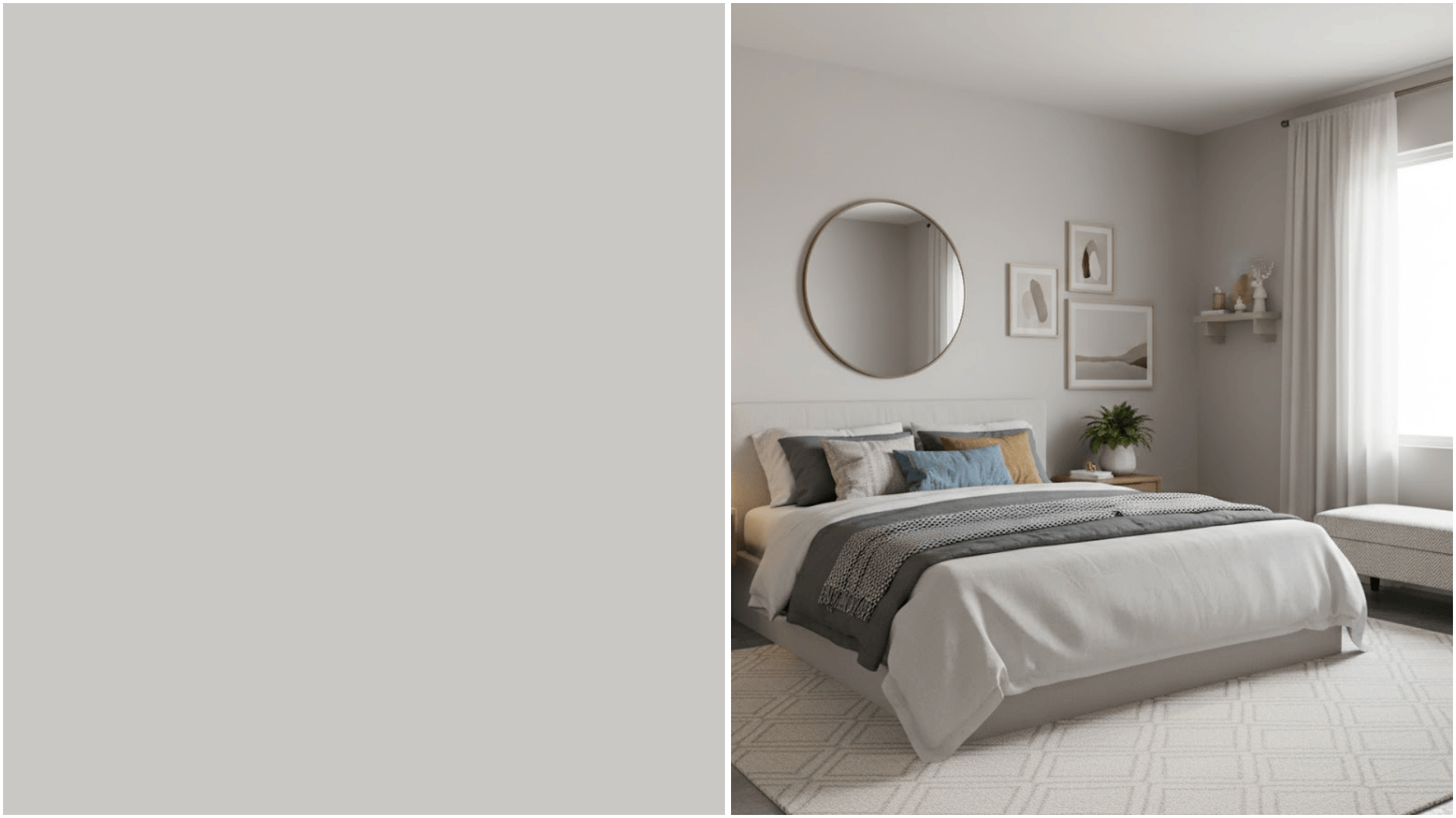 Modern neutral bedroom featuring a large bed, round mirror, framed artwork, and sheer white curtains next to a Sherwin-Williams Zircon