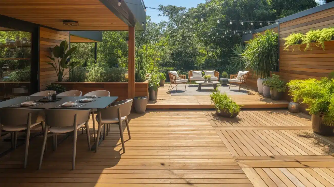 Modern outdoor deck ideas, living space featuring multi-level natural wood decking, an al fresco dining area, and a separate lounge area surrounded by lush greenery