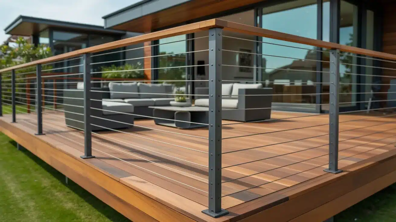 Modern outdoor wooden deck featuring a cable railing system with gray posts and a wooden top rail, overlooking an outdoor seating area