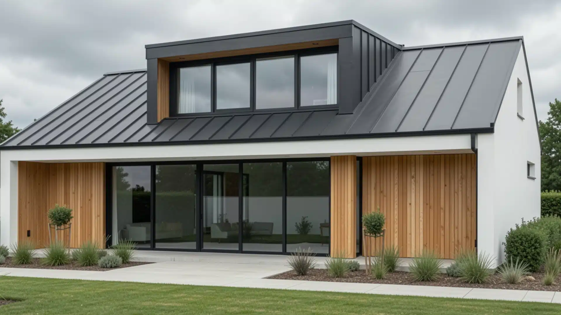 Modern white home with a black standing seam metal roof, large sliding glass doors, and vertical light wood cladding under an overcast sky.