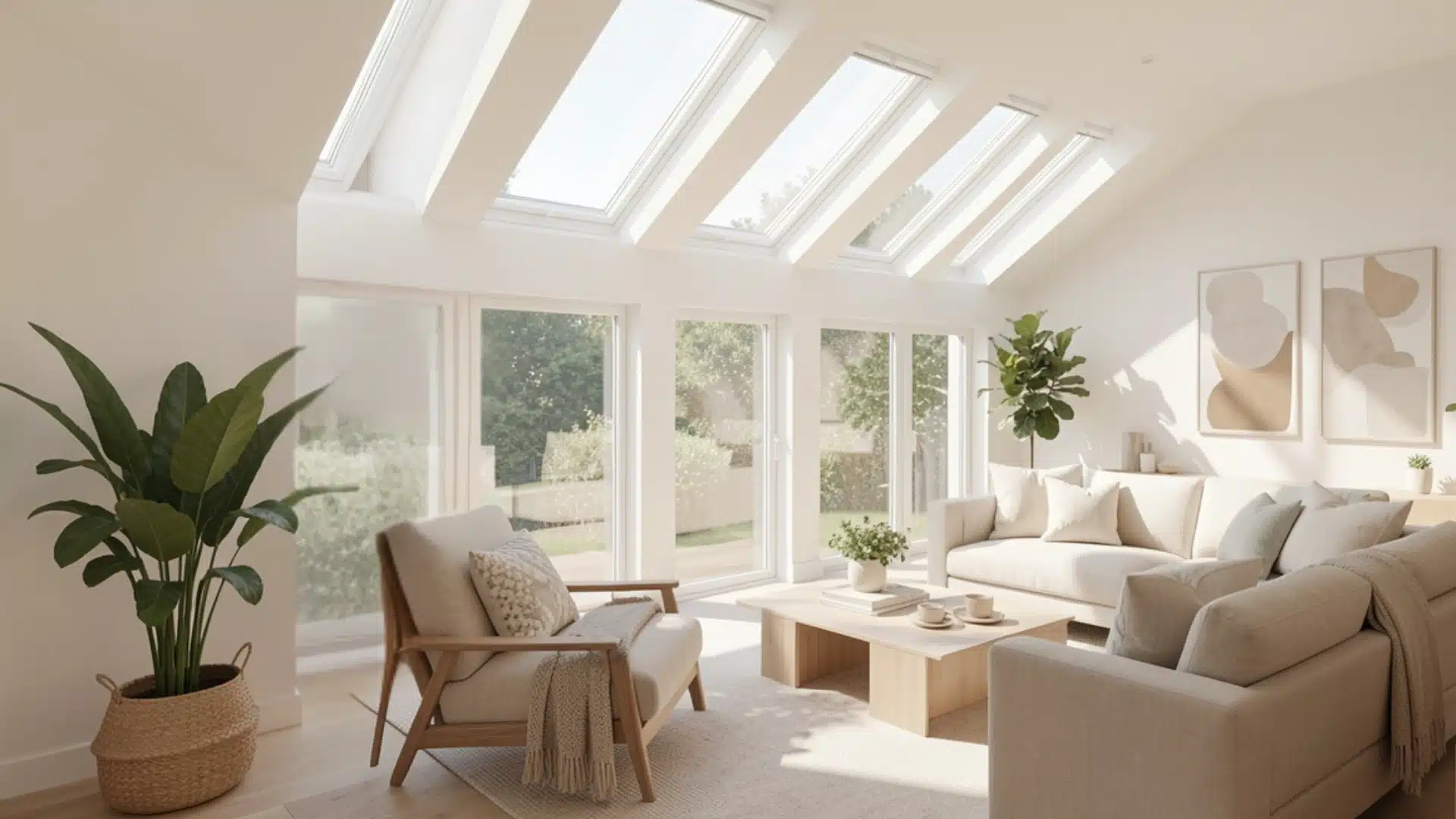 Bright, modern living room featuring light neutral furniture, large windows, skylights, and indoor plants overlooking a lush green outdoor space.