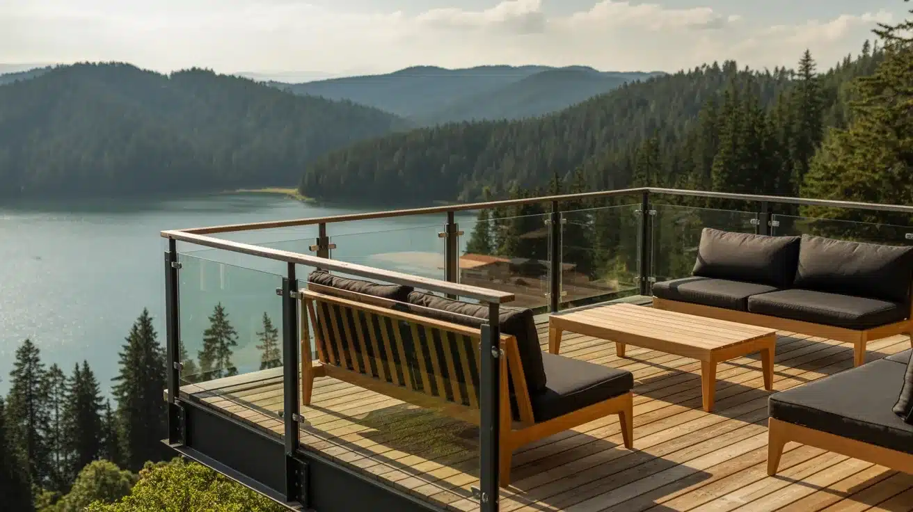Modern wooden deck with outdoor furniture overlooking a vast, tree-covered mountain range and a calm lake