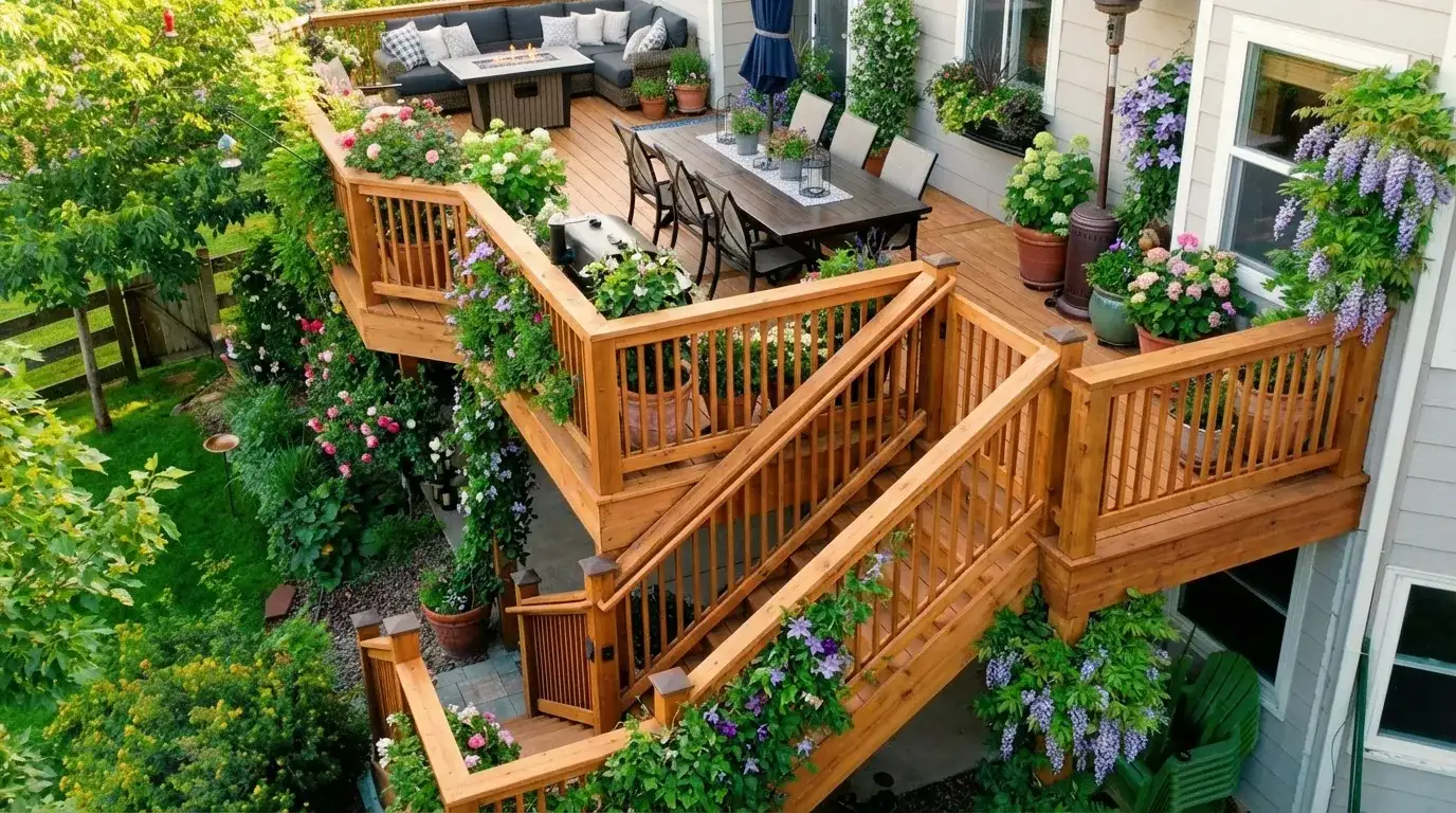 Multi-tiered wooden deck lavishly decorated with potted plants and climbing flowers overlooking a lush green yard