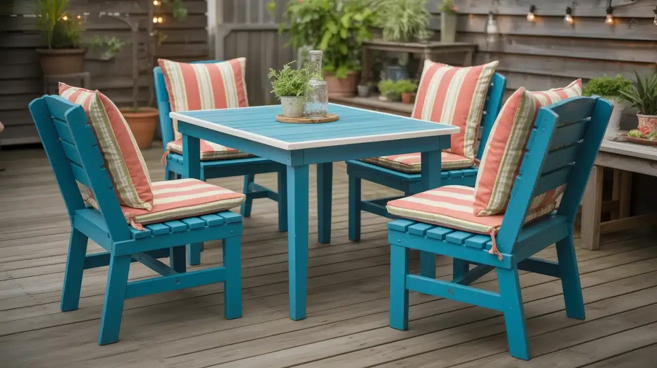 Outdoor dining set featuring four bright blue wooden chairs with coral and cream striped cushions surrounding a matching blue patio table on a wooden deck