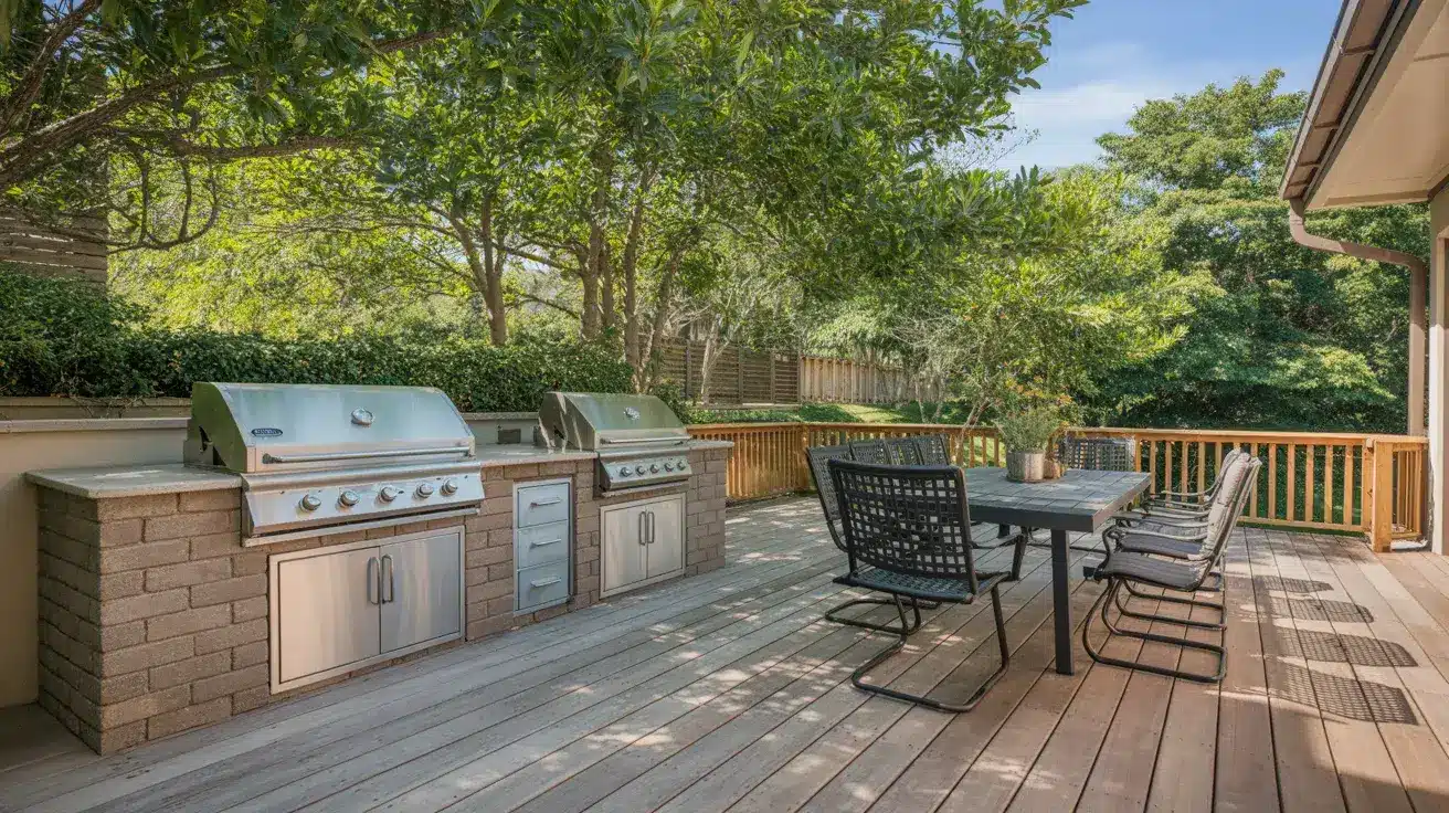 Outdoor wooden deck featuring a built-in brick barbecue island with stainless steel grills next to a black outdoor dining set surrounded by lush green trees