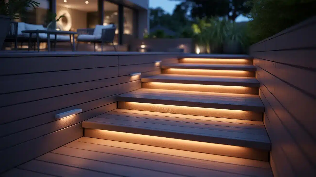 Outdoor wooden deck stairs illuminated by warm strip lighting under the treads and small wall sconces at twilight
