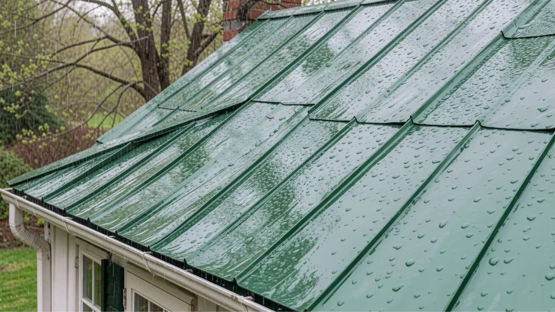 Close-up view of a green standing seam metal roof covered in raindrops during a light rain shower