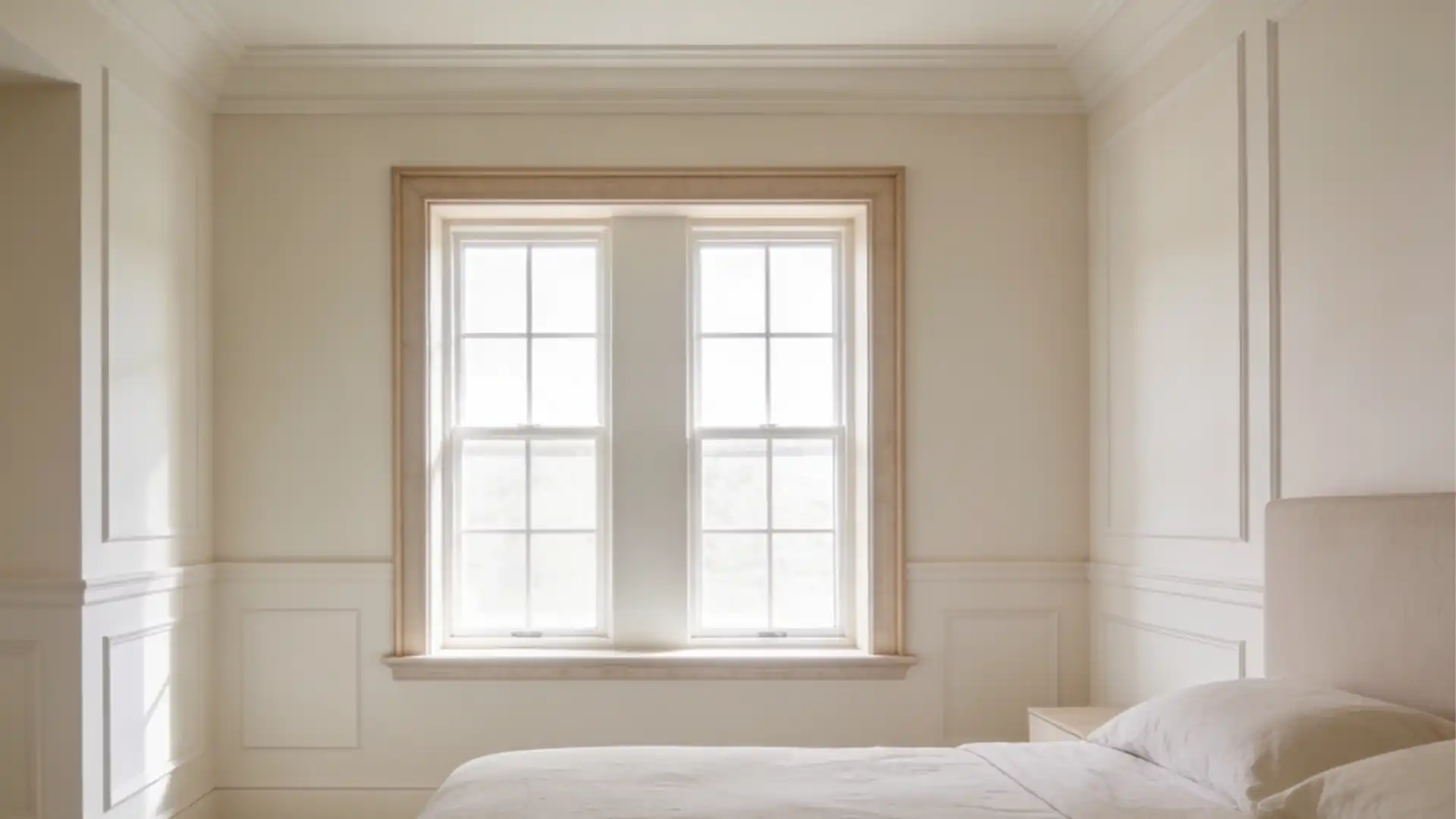 Interior of a room with two windows, paneled walls, and a bed.