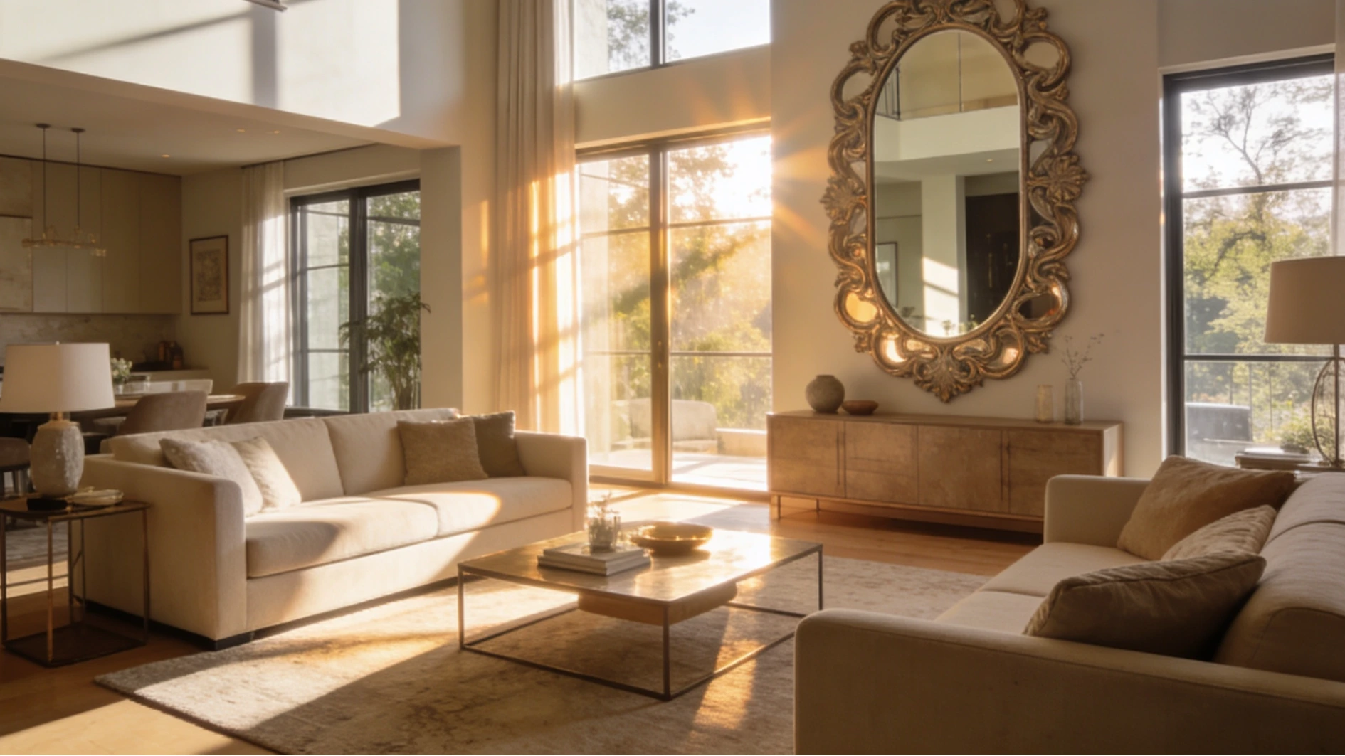 Bright, modern living room with high ceilings, large windows casting sun flares, and a large ornate gold mirror above a wooden credenza.
