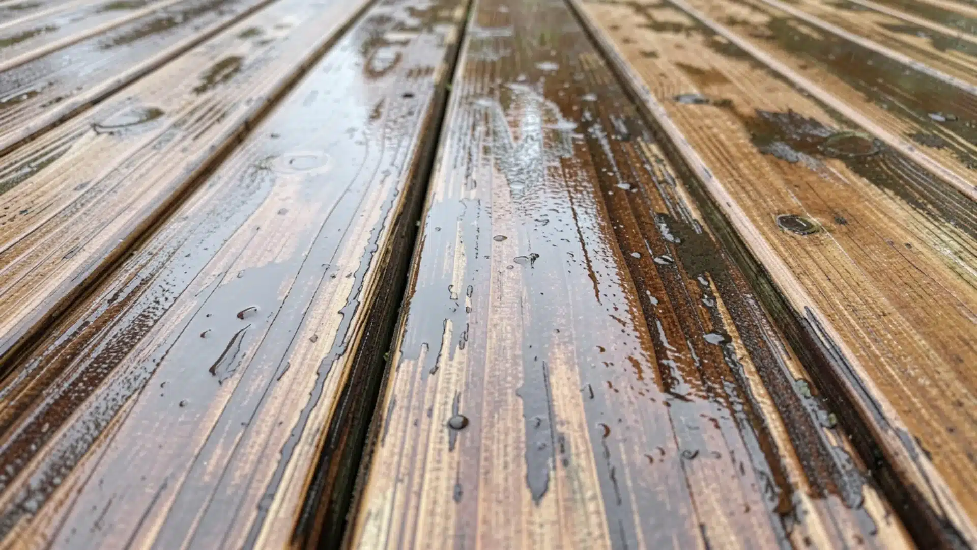 Close-up of a wooden deck surface adorned with glistening water droplets after rain