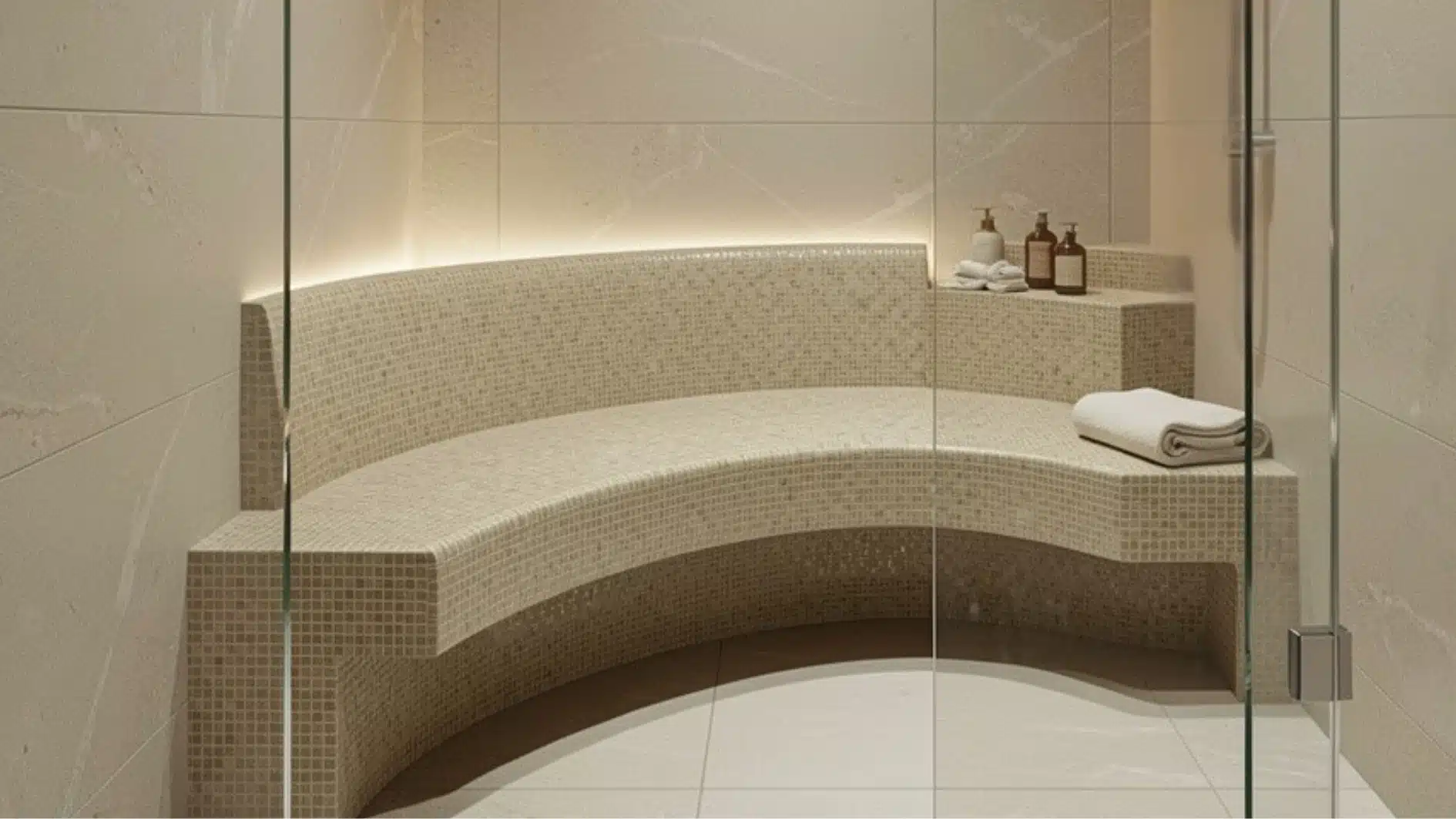 Curved, tiled mosaic steam room bench featuring soft backlighting, a white towel, and bath products, viewed through a glass enclosure.