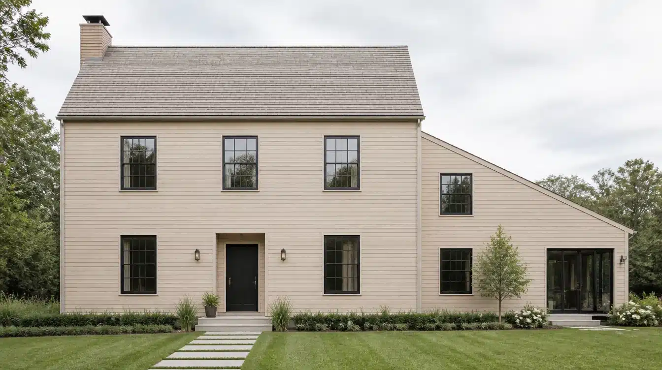 Modern Scandinavian-inspired saltbox house with light wood siding, large windows, and minimalist architecture
