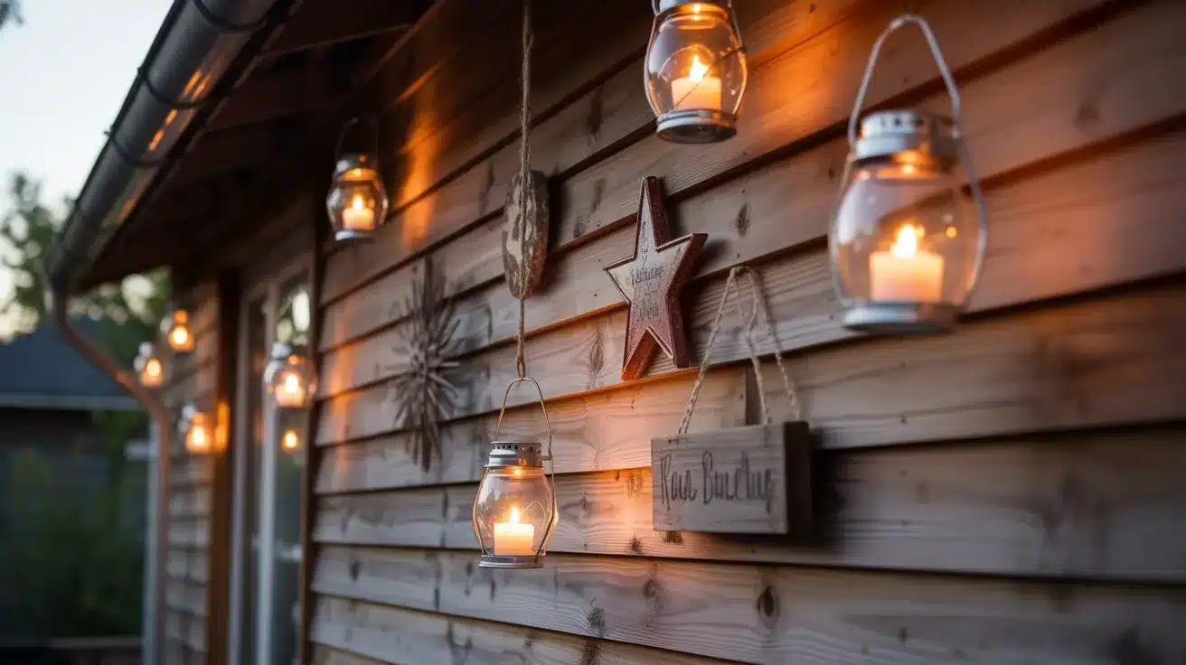 Several glowing glass lanterns hang against a horizontal wooden-plank wall adorned with rustic star and wooden signs
