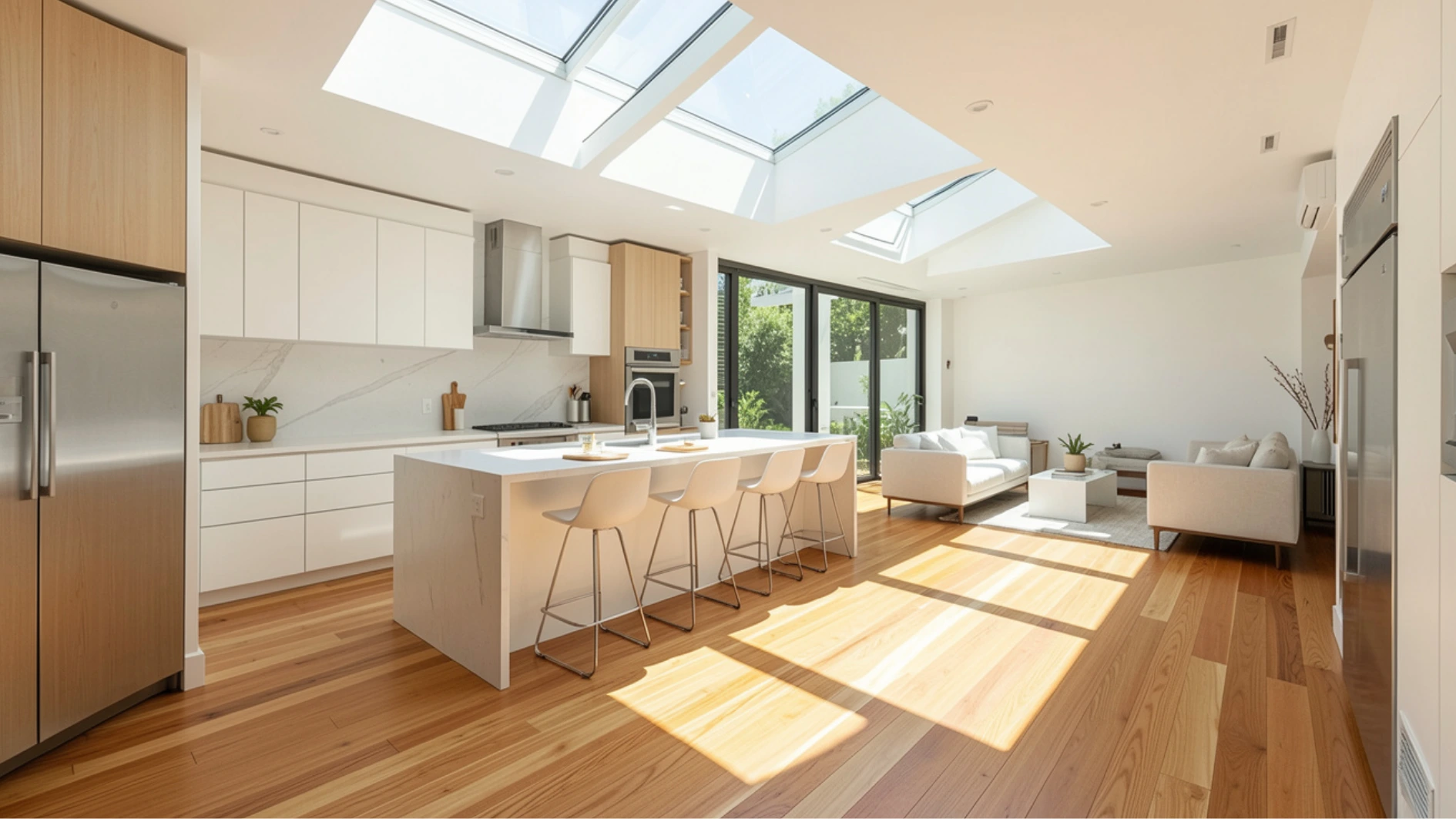 Modern open-concept kitchen and living area featuring white cabinetry, a large central island with stools, hardwood floors, and extensive natural light from ceiling skylights and sliding glass doors.