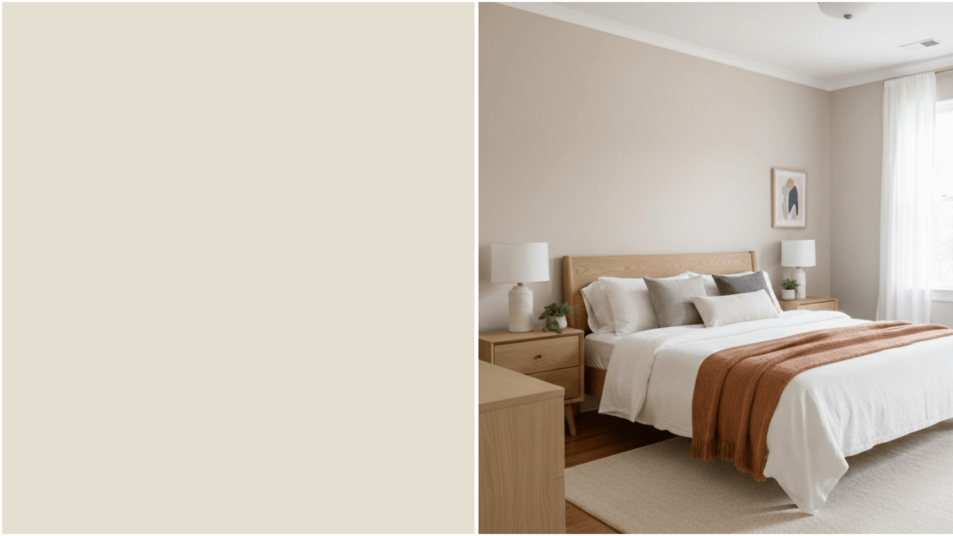 Split image showing a light beige color swatch next to a modern bedroom with light wood furniture and white linens accented by an orange throw blanket